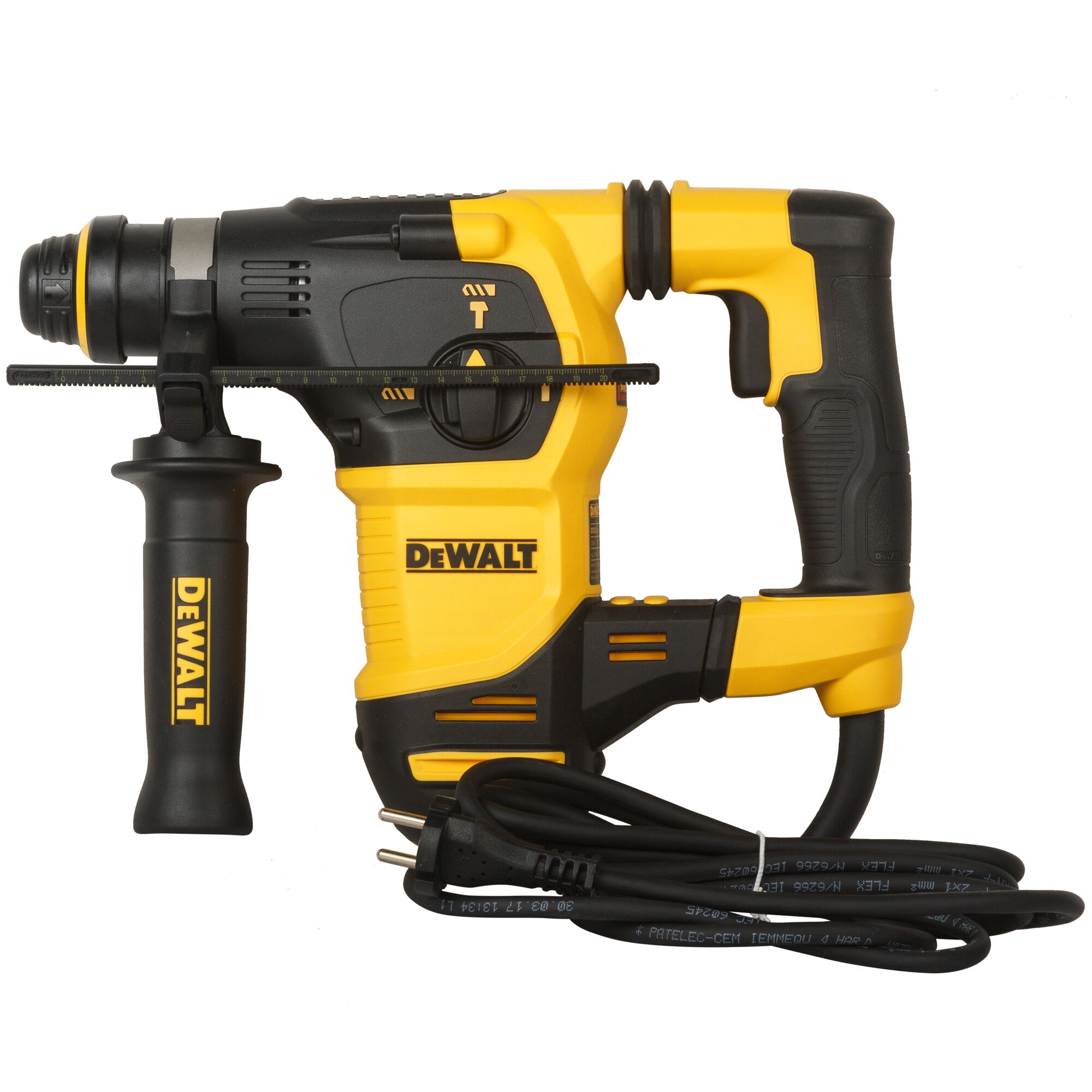 A DEWALT branded yellow and black corded rotary hammer drill with an auxiliary handle and depth gauge, designed for heavy duty drilling tasks.