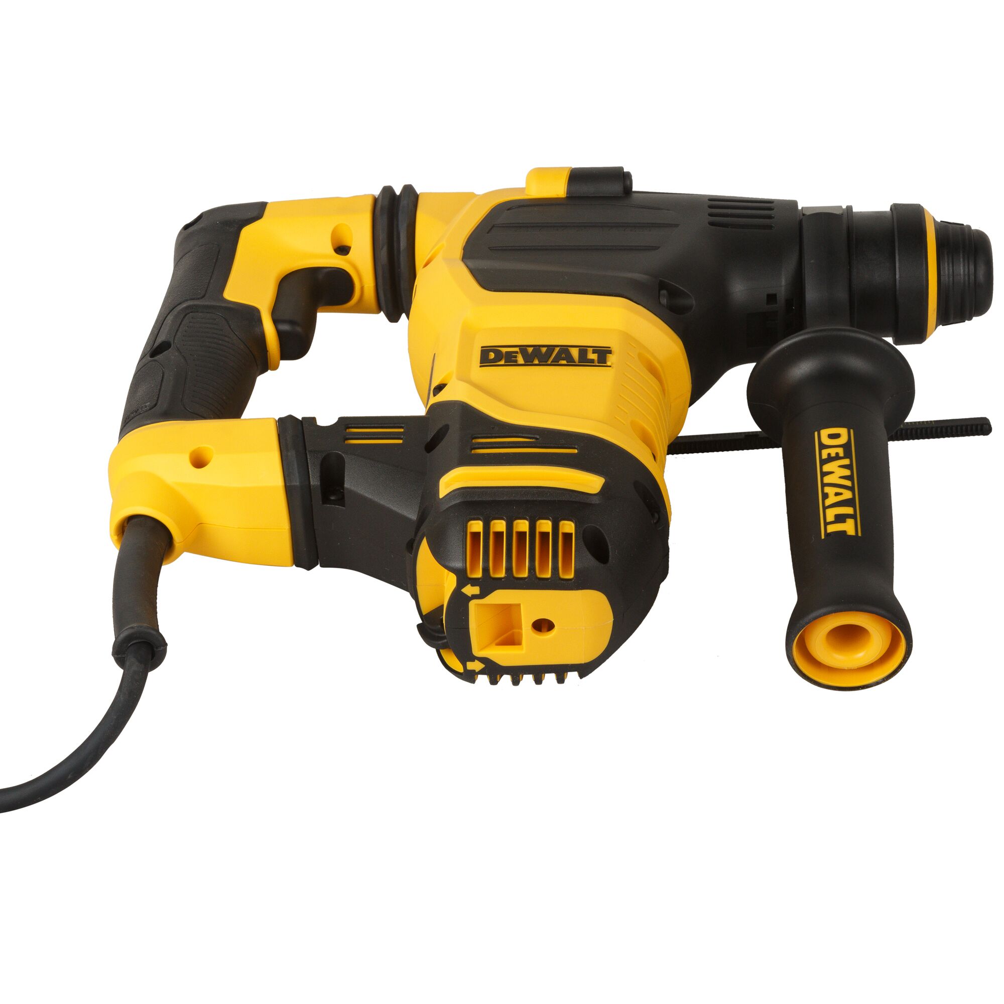 A yellow and black DEWALT corded rotary hammer drill with side handle and visible branding.