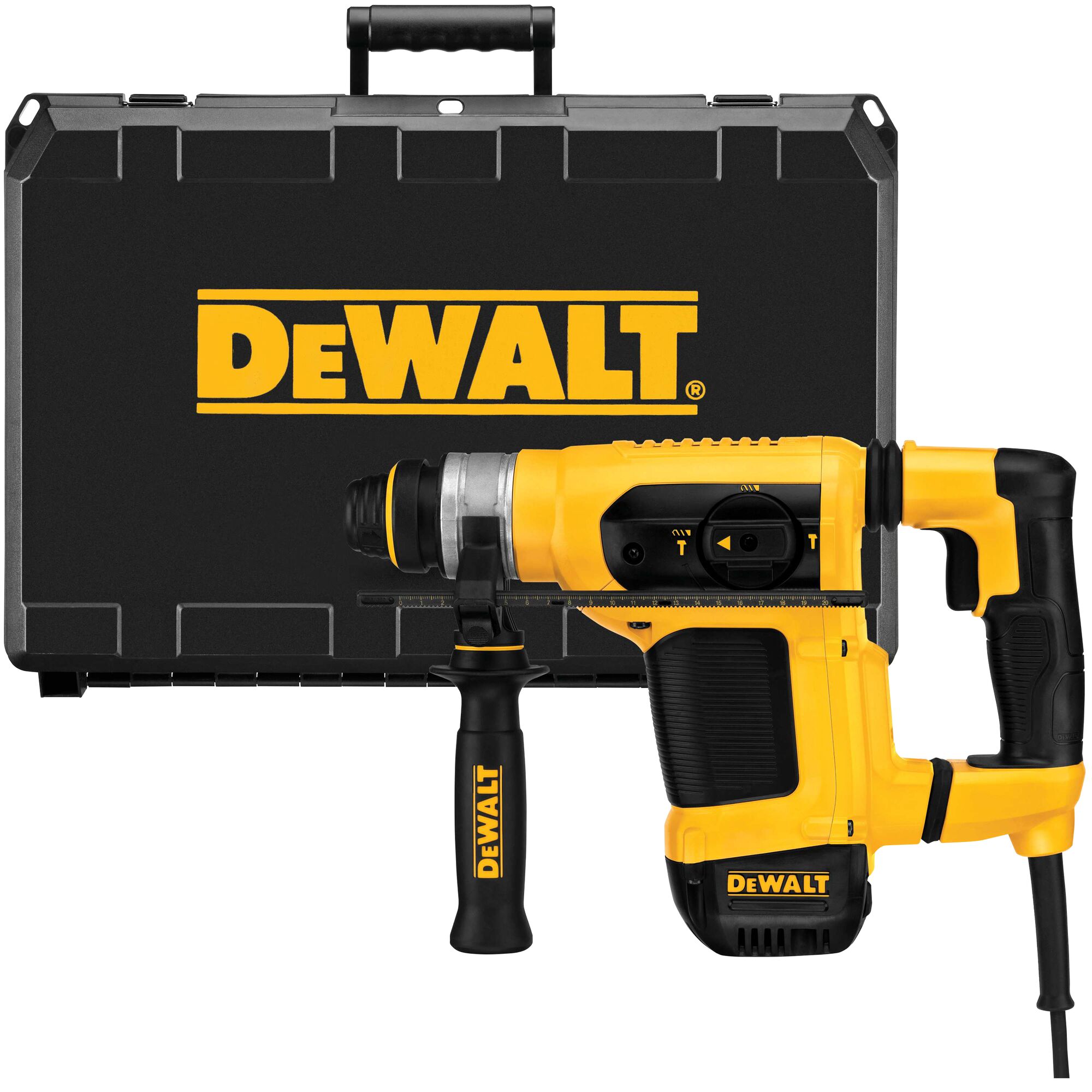 A yellow and black DEWALT power drill with a handle, displayed in front of a black carrying case with the DEWALT logo.