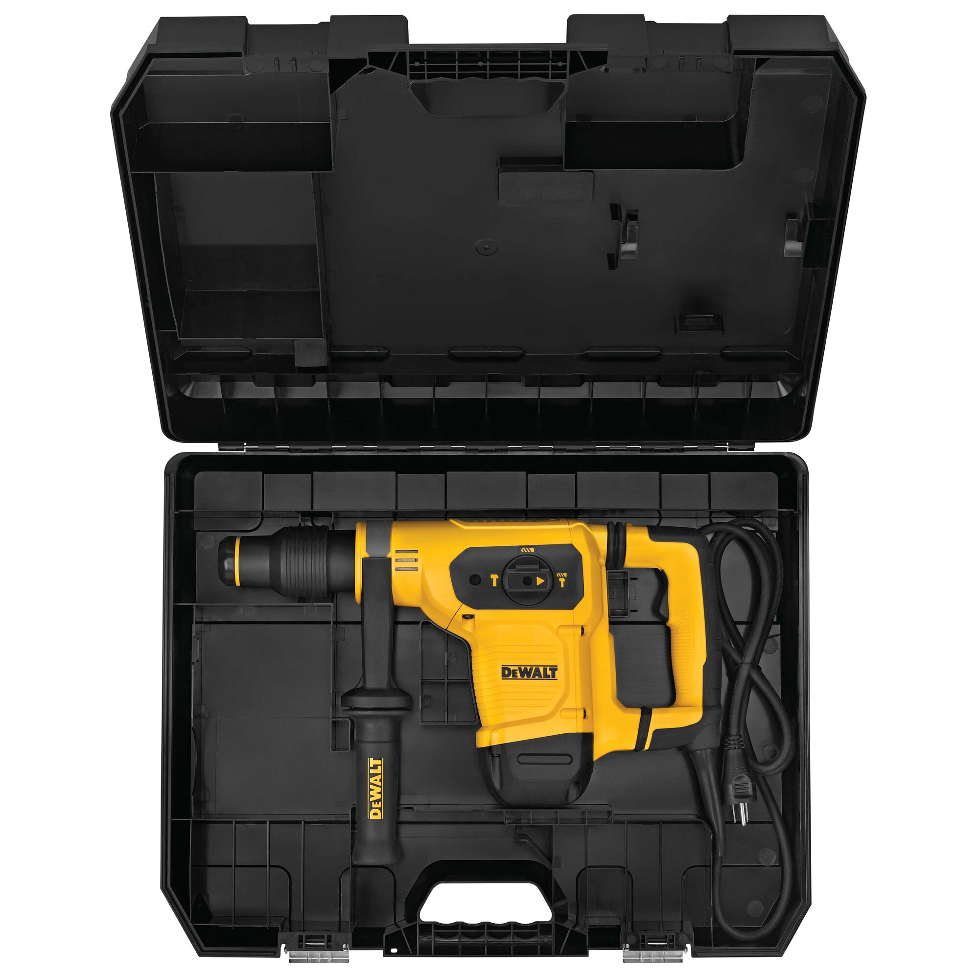 A DEWALT yellow and black rotary hammer drill placed inside a black plastic carrying case, with the drill's handle, power cord, and accessory compartments visible.