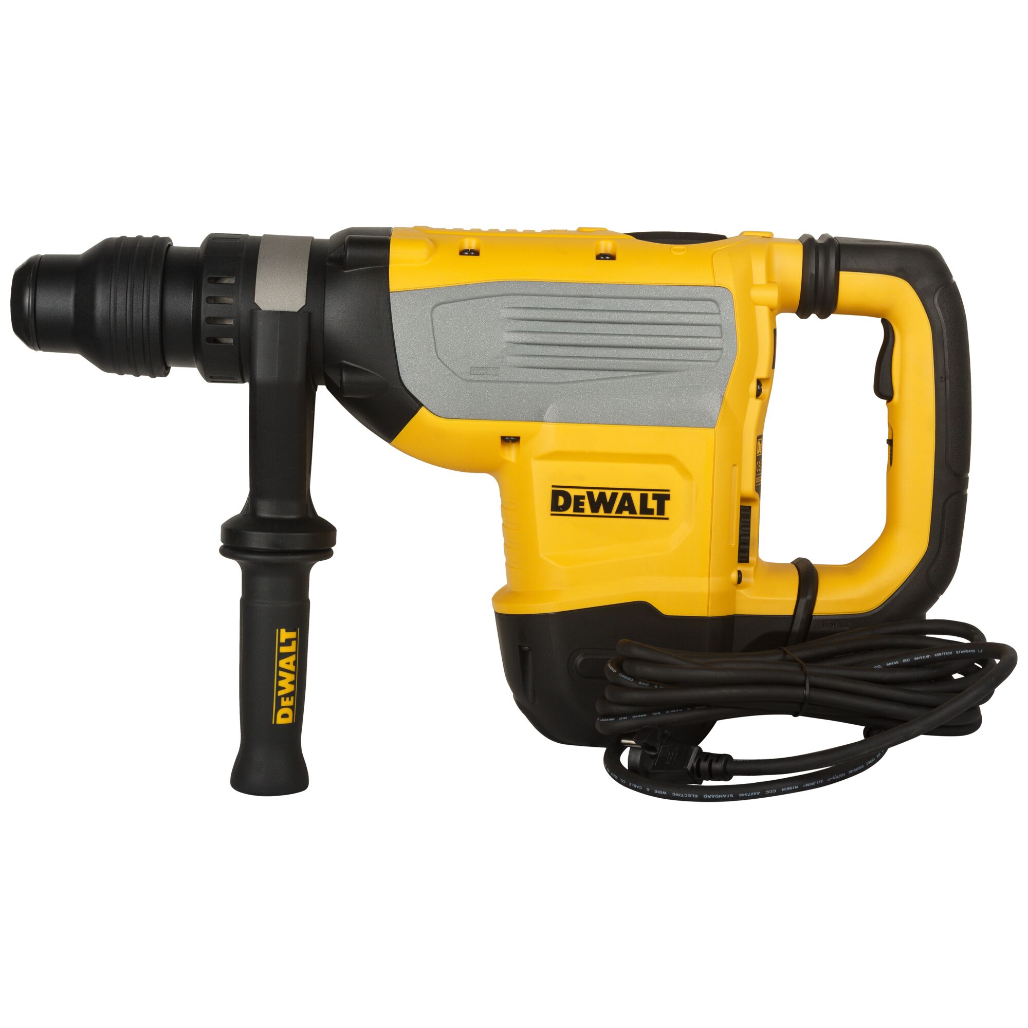 A yellow and black DEWALT corded rotary hammer drill with a side handle and a power cord, shown against a white background.