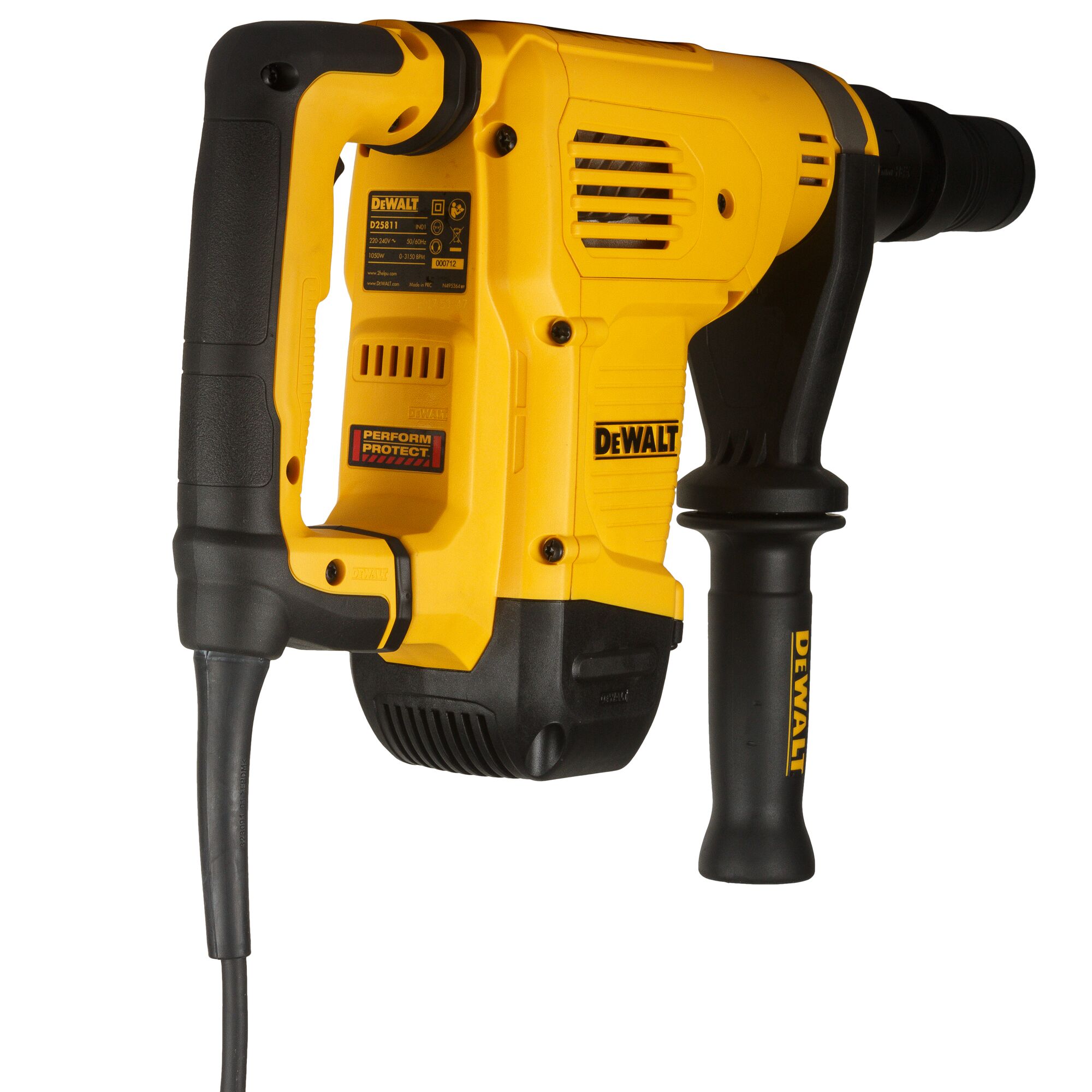 A close-up image of a yellow and black DEWALT electric hammer drill, model D25811K, with a handle and cord attached.