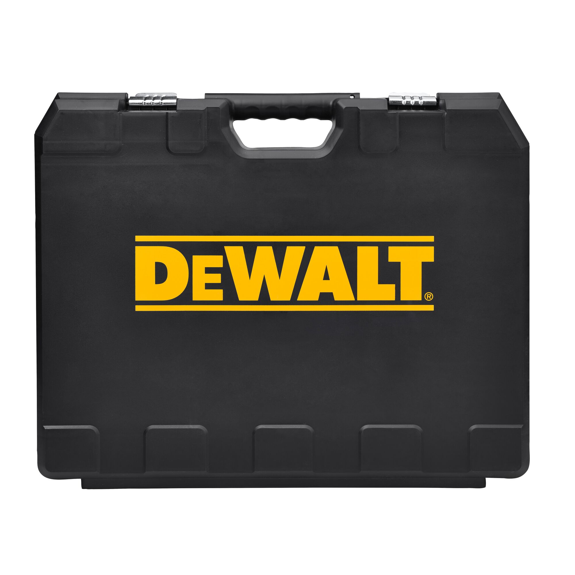 A black hard plastic carrying case with yellow DEWALT branding on the front, featuring a handle on top and metal latches.