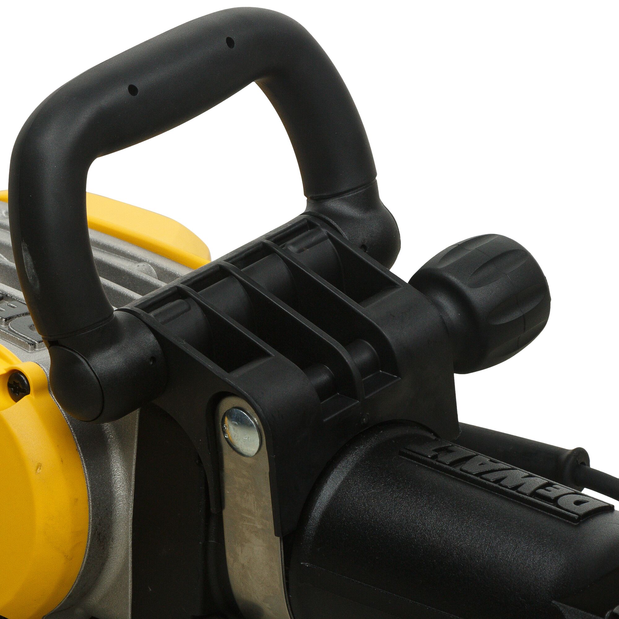 Close-up view of a DEWALT D25961K tool handle with a black grip and adjustment knob, featuring yellow and black components.