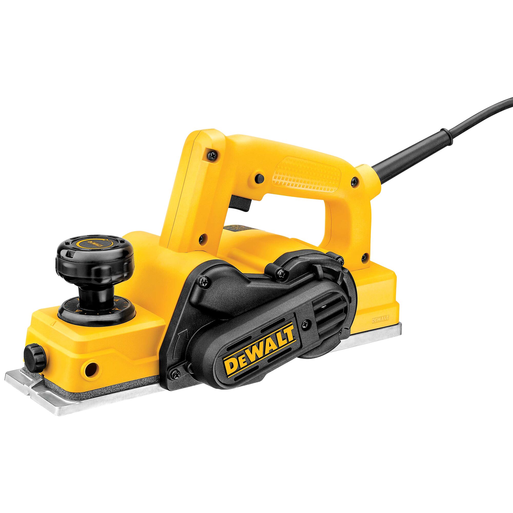 A yellow and black electric hand planer by DEWALT, model D26676, shown with a handle and a cord on a white background.