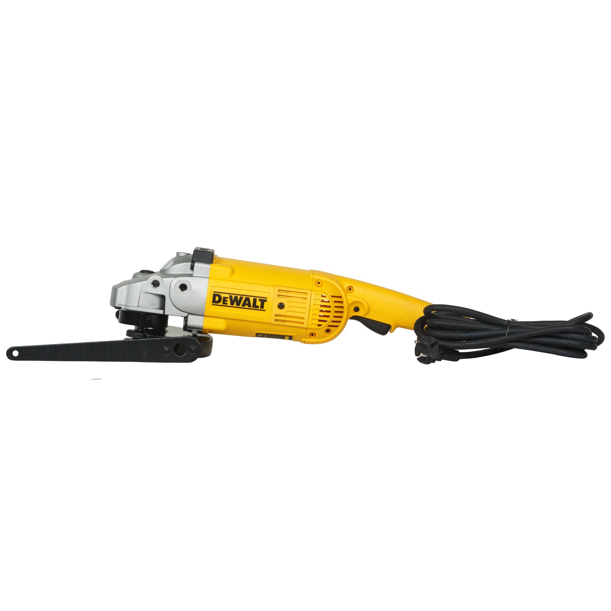 A yellow and black electric power tool with a long cord, identified as a DEWALT brand. The tool is a handheld belt sander, shown from the side against a white background.