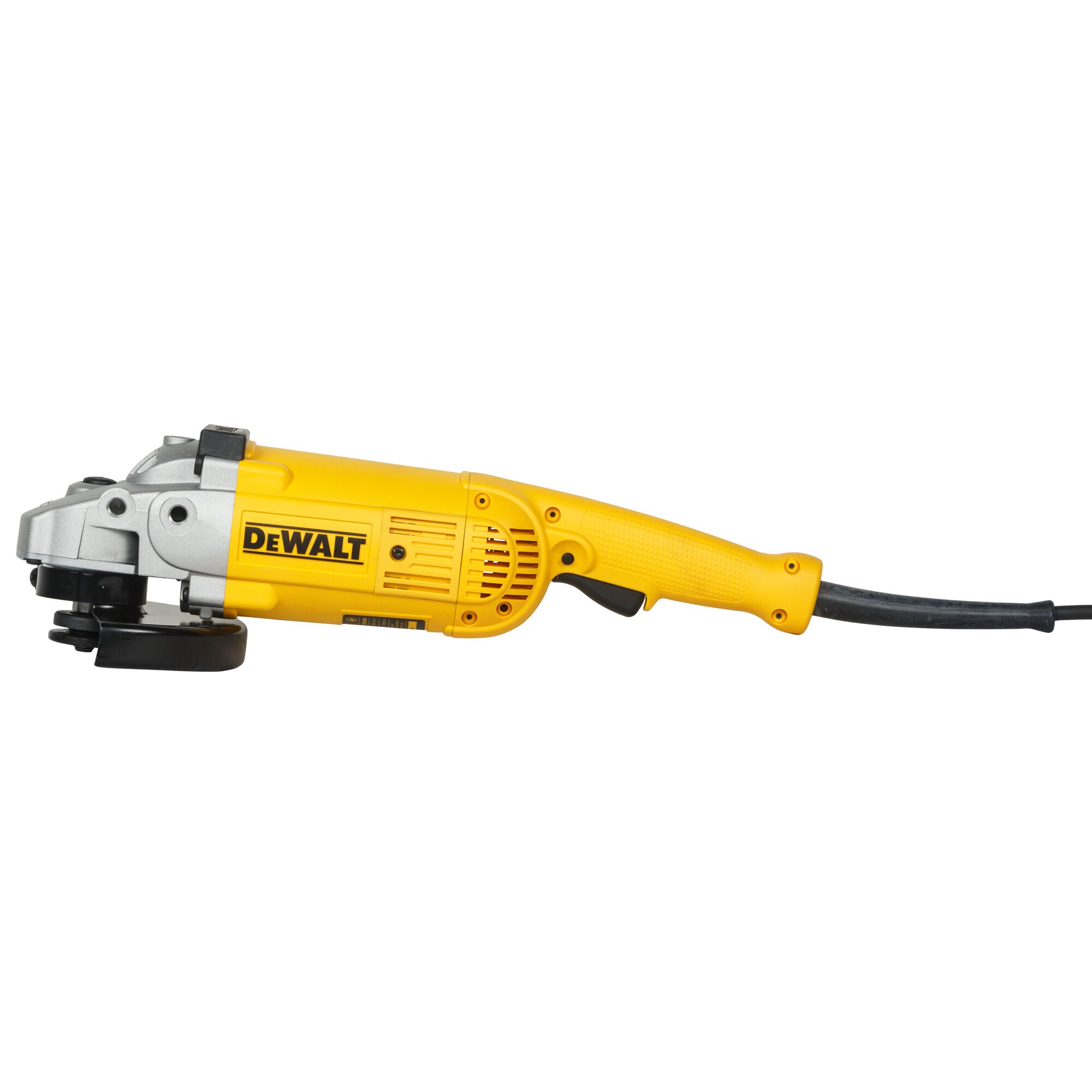 A yellow DEWALT angle grinder with a black power cord, shown from the side against a white background.