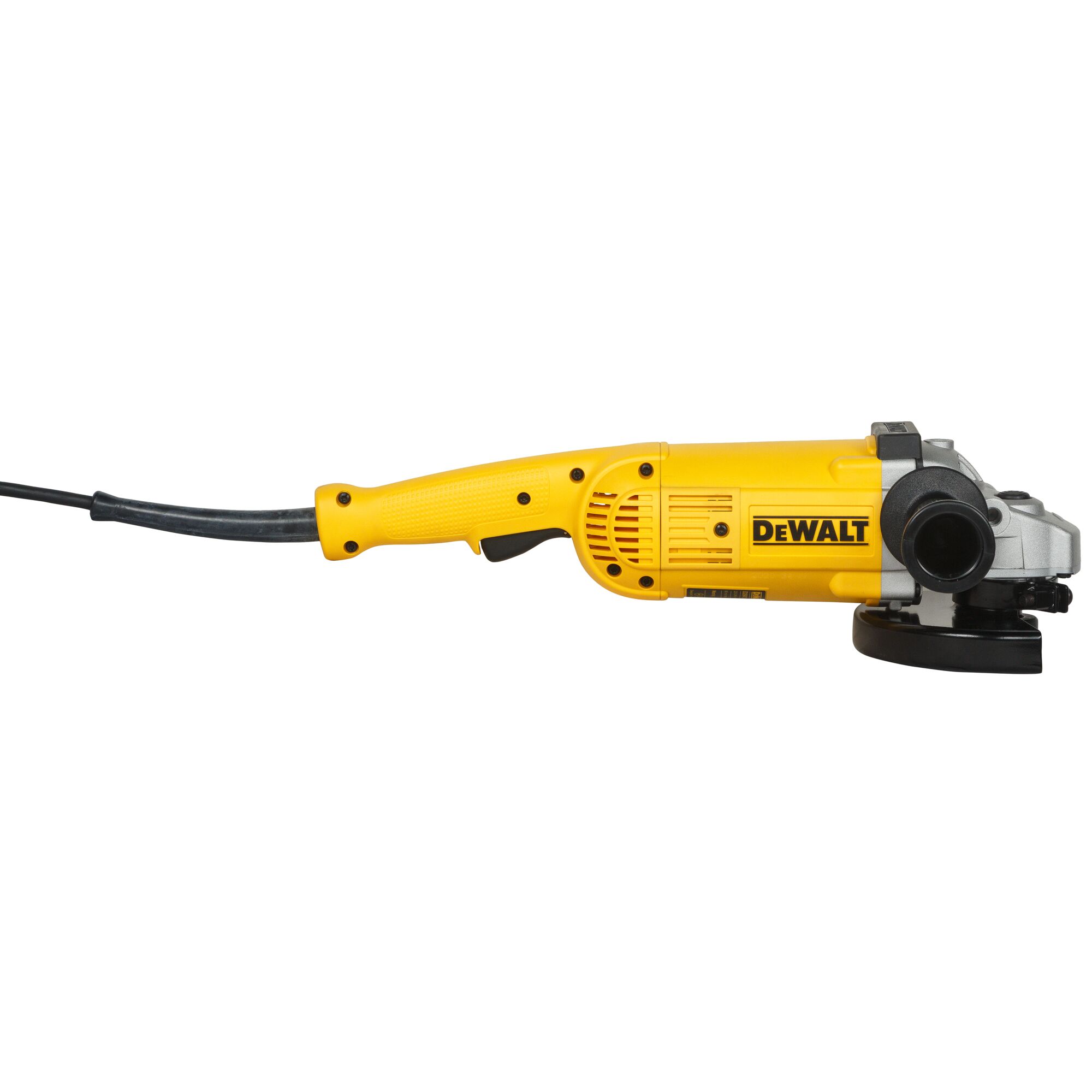 A yellow DEWALT angle grinder with a black power cord, shown on a white background.