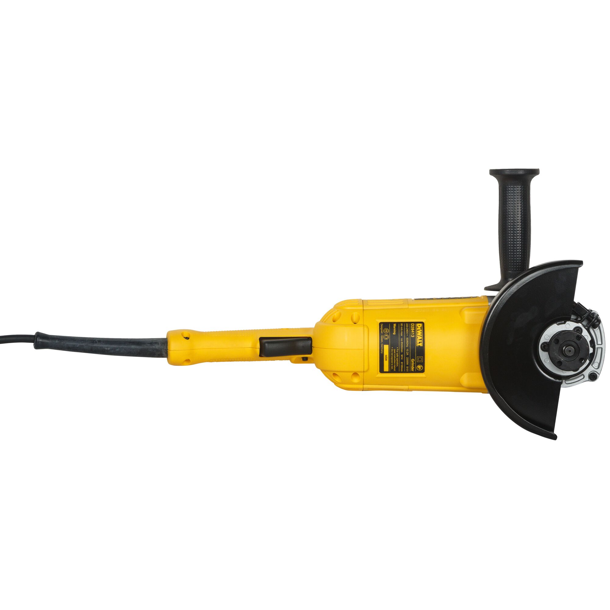 A yellow DEWALT angle grinder with a black handle and protective guard, shown from the side against a white background.