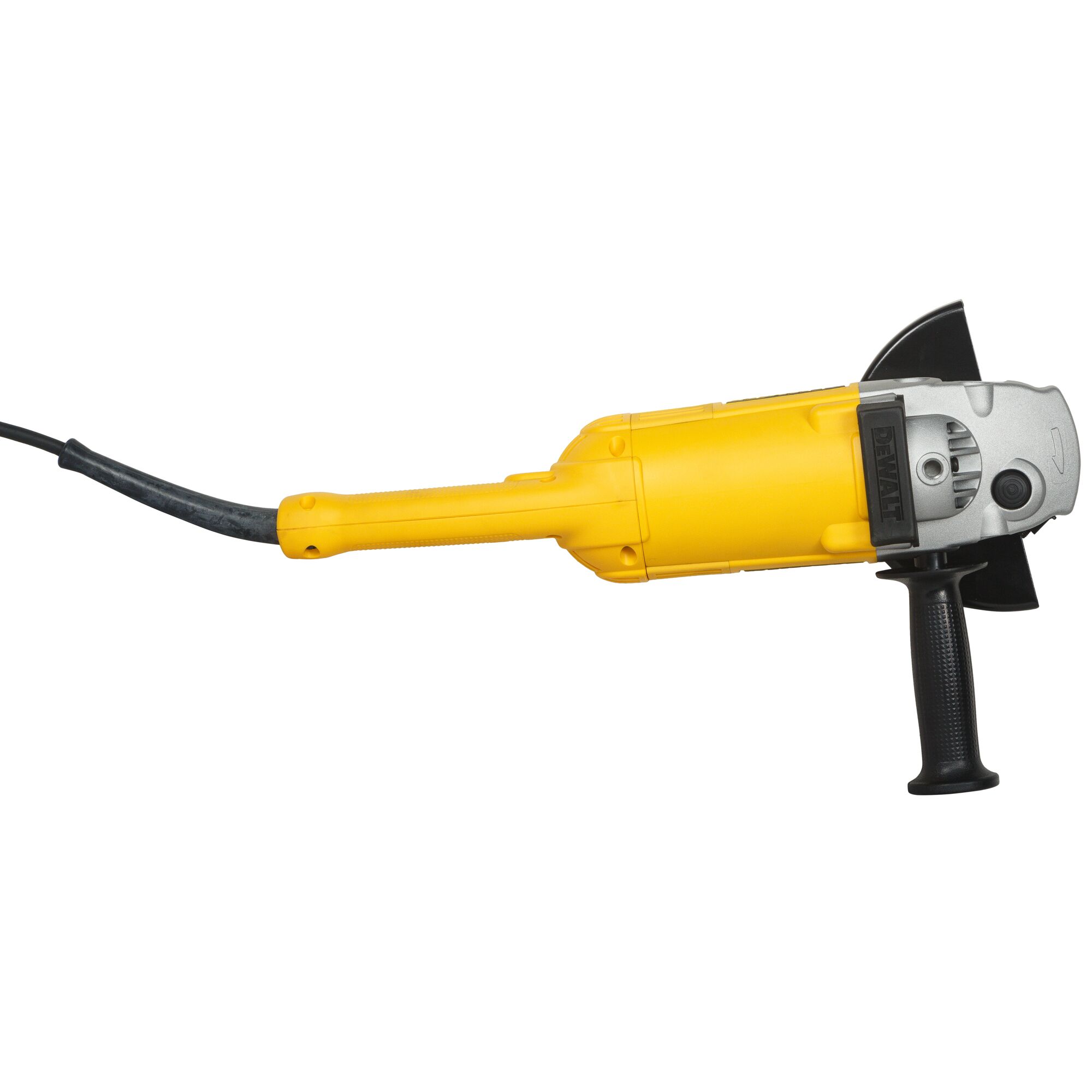A yellow and black electric angle grinder from DEWALT, model D28413, shown with a side handle and power cord against a white background.