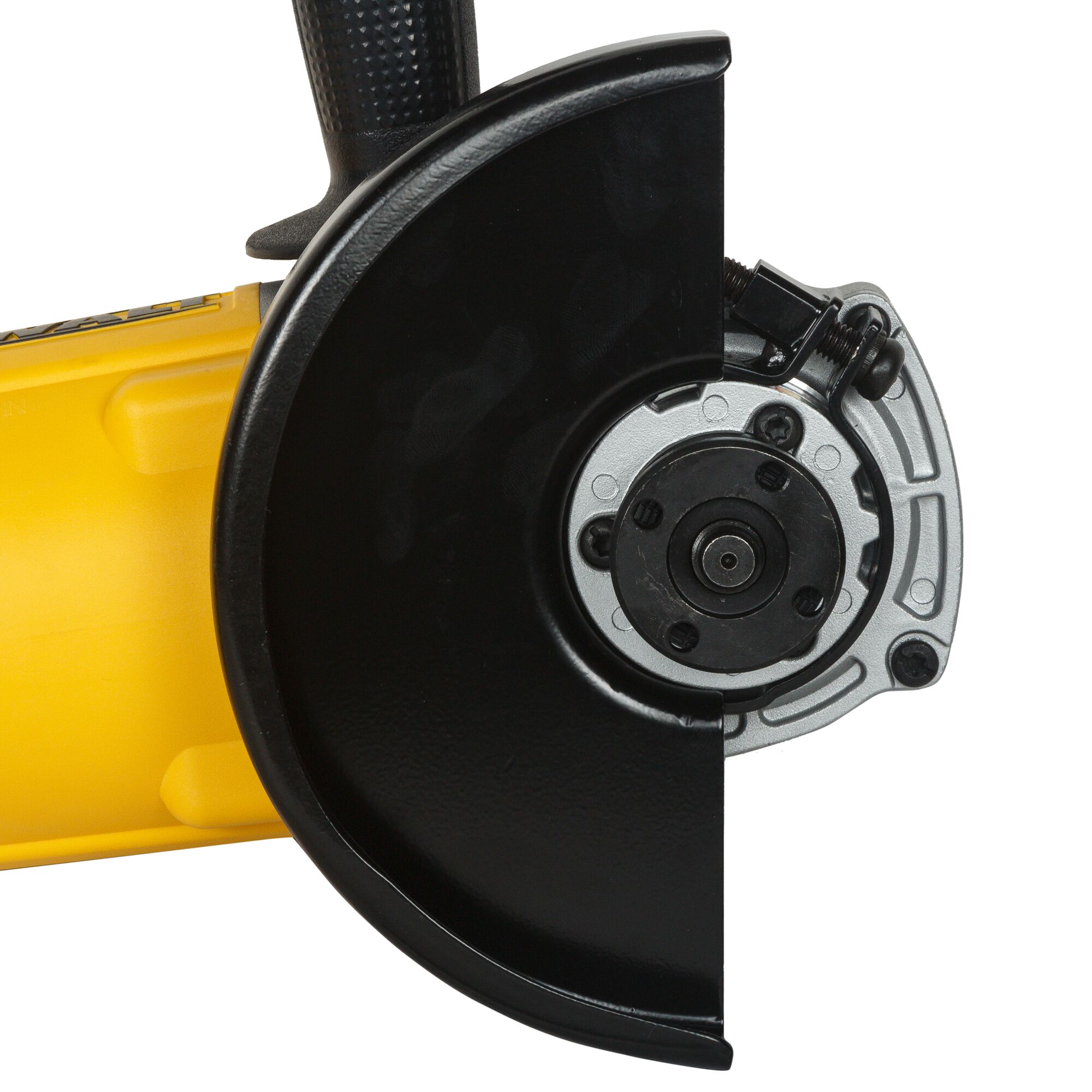 Close-up view of a DEWALT D28413 yellow and black angle grinder showing the side handle, safety guard, and spindle.