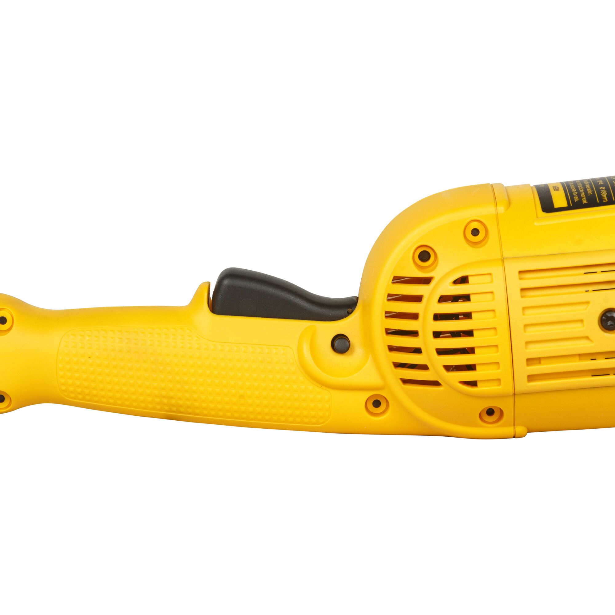 Close-up of the handle and body of a yellow Dewalt power tool, showing the textured grip and ventilation slots.