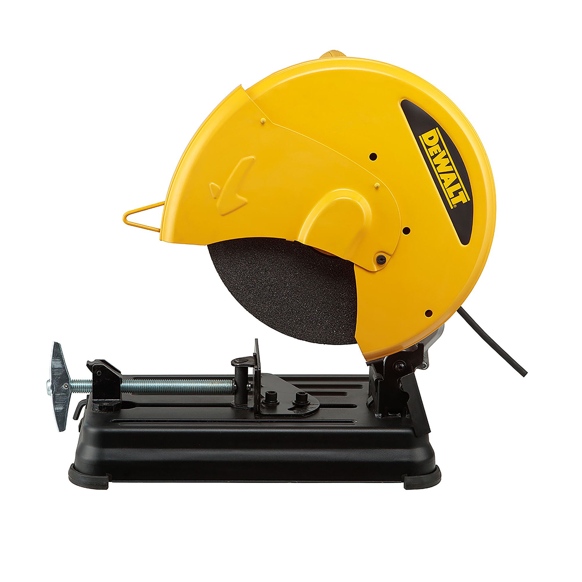 A DEWALT metal cutting chop saw with a yellow blade guard and a black base, designed for industrial and construction use.
