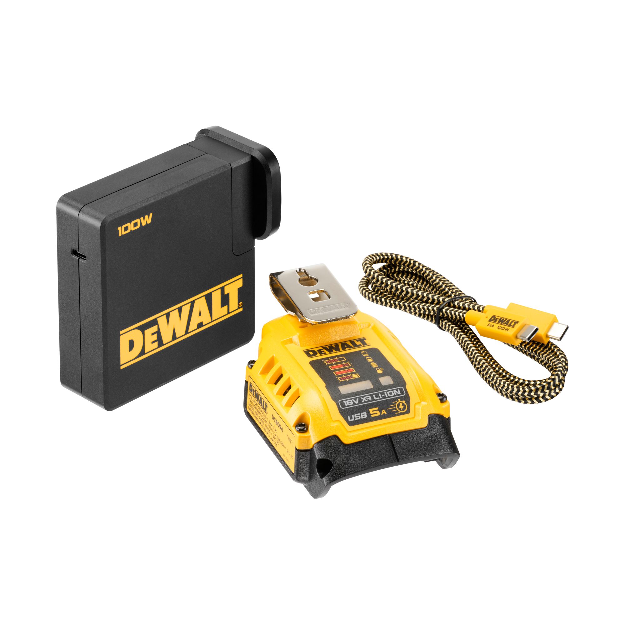 DEWALT battery charging kit, including a black 100W wall charger, a yellow battery adapter, and a braided USB-C charging cable.