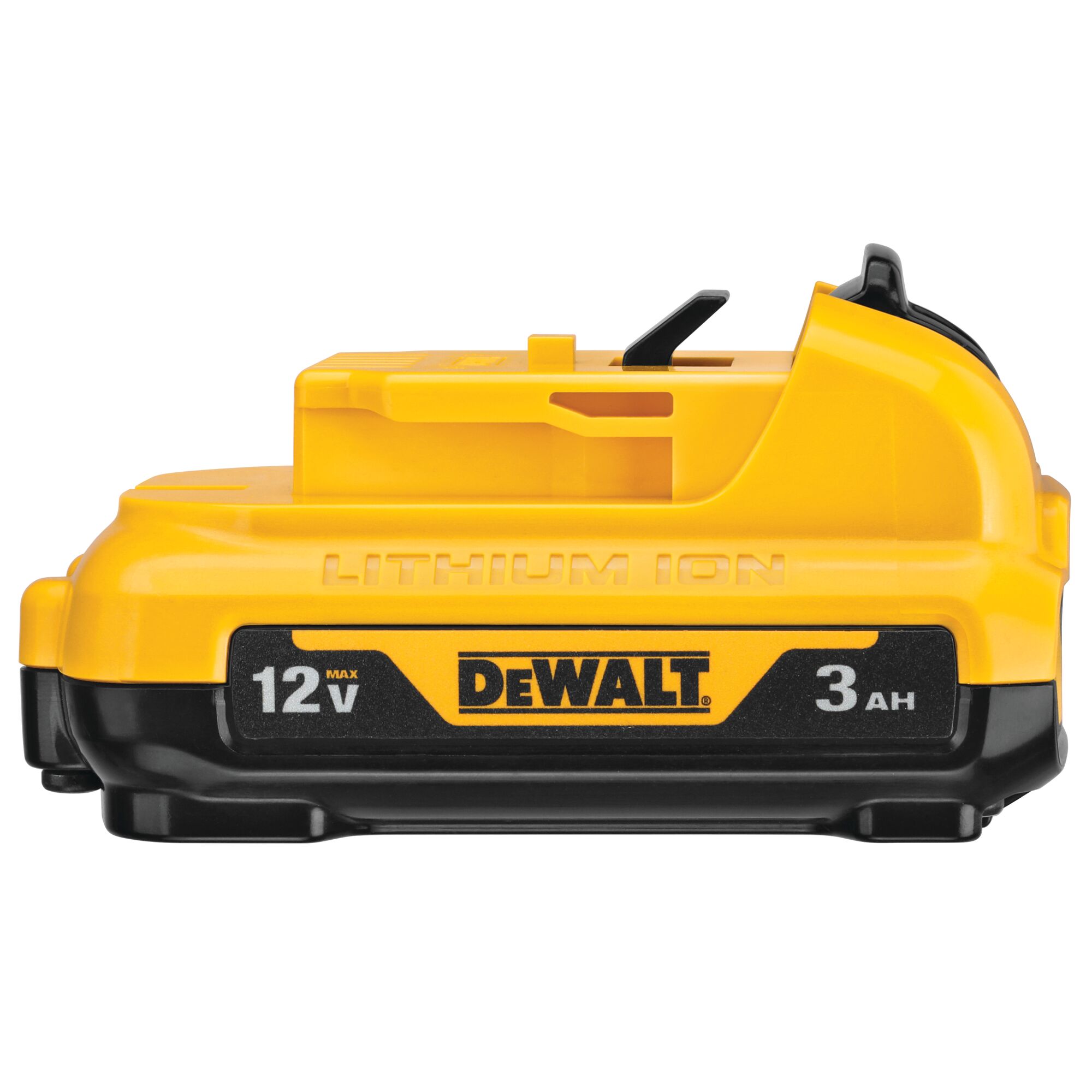 A yellow and black DEWALT 12V MAX 3Ah lithium-ion battery, model DCB124, shown in a side view.