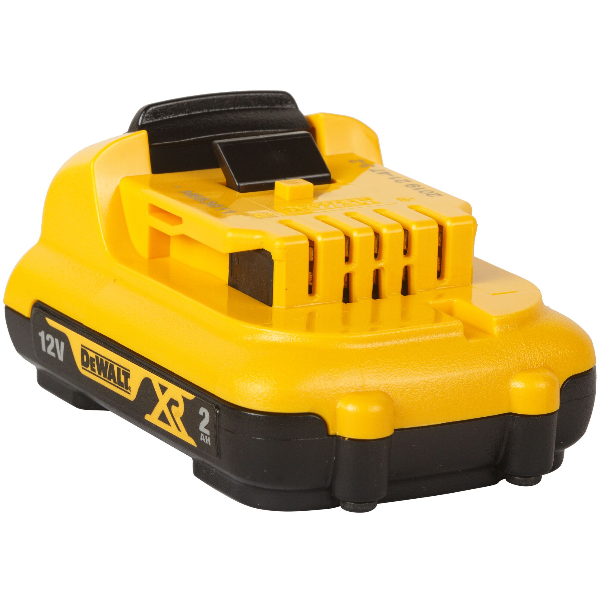 A DEWALT 12V XR 2Ah battery pack, yellow and black, designed for power tools.