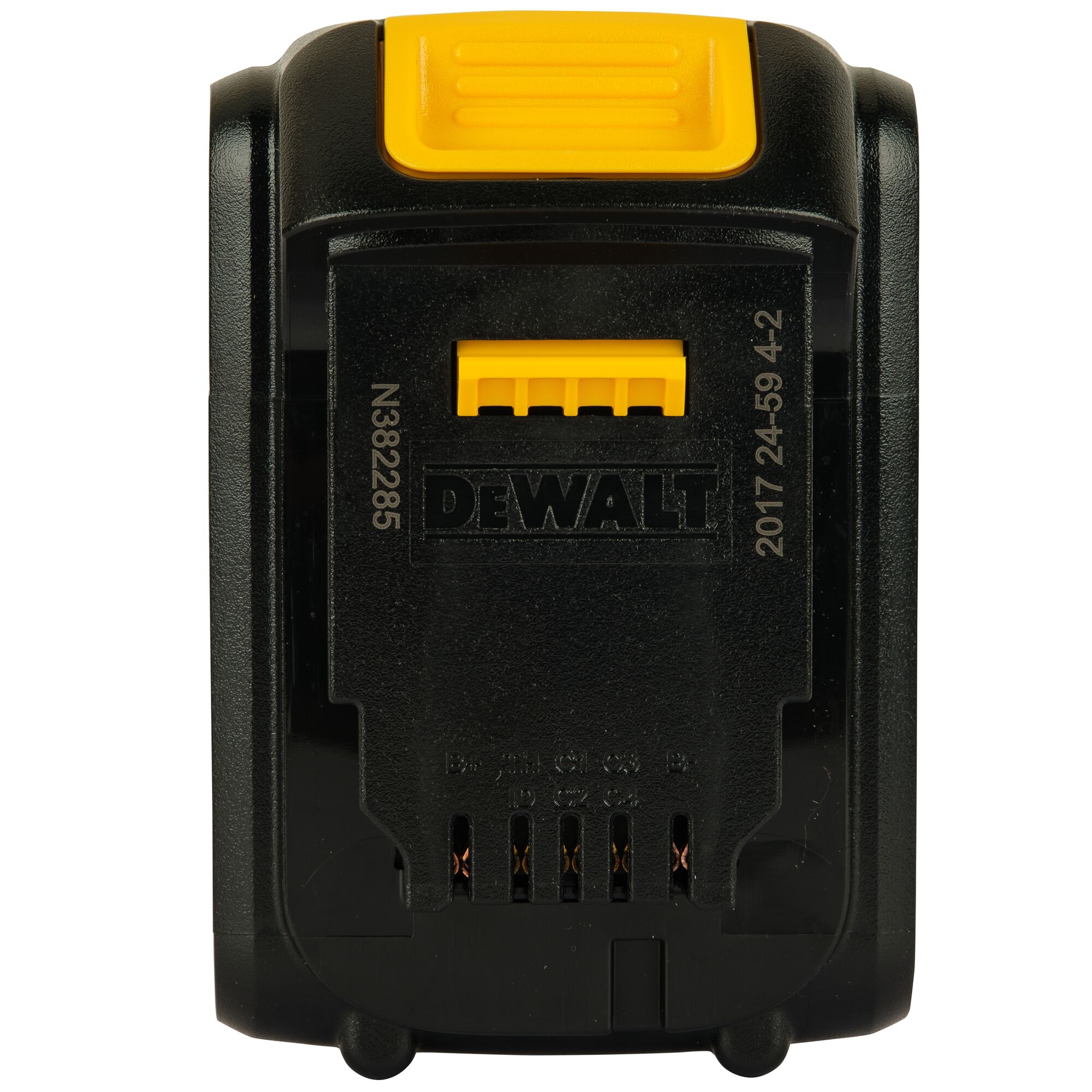 Front view of a DEWALT DCB181 rechargeable battery pack, mainly black with yellow connector, used for power tools.