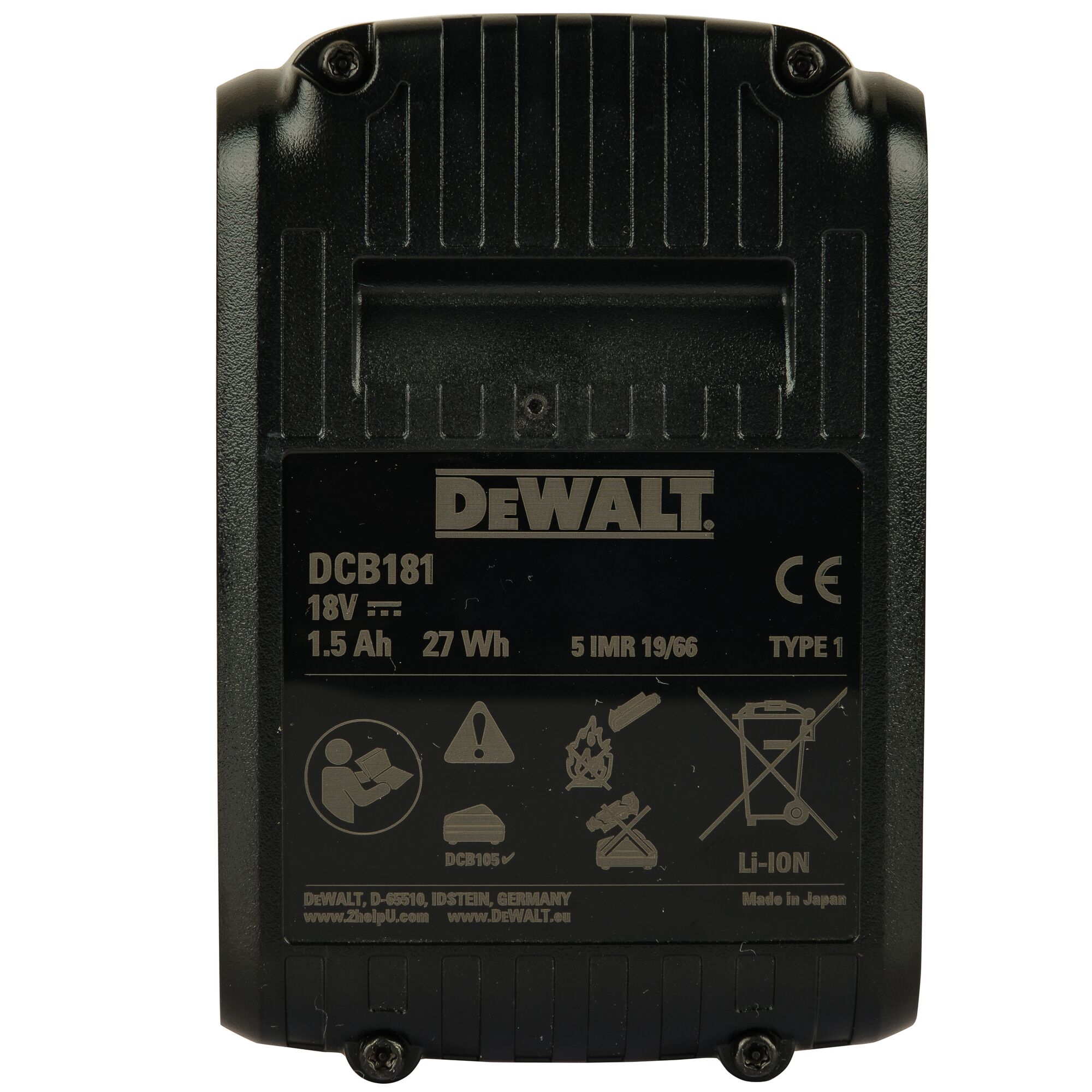 A close-up image of a DEWALT DCB181 lithium-ion battery pack. The label indicates specifications such as 18V, 1.5Ah, 27Wh, and includes usage and safety icons. The battery pack is black and rectangular, and the label states it is made in Japan.