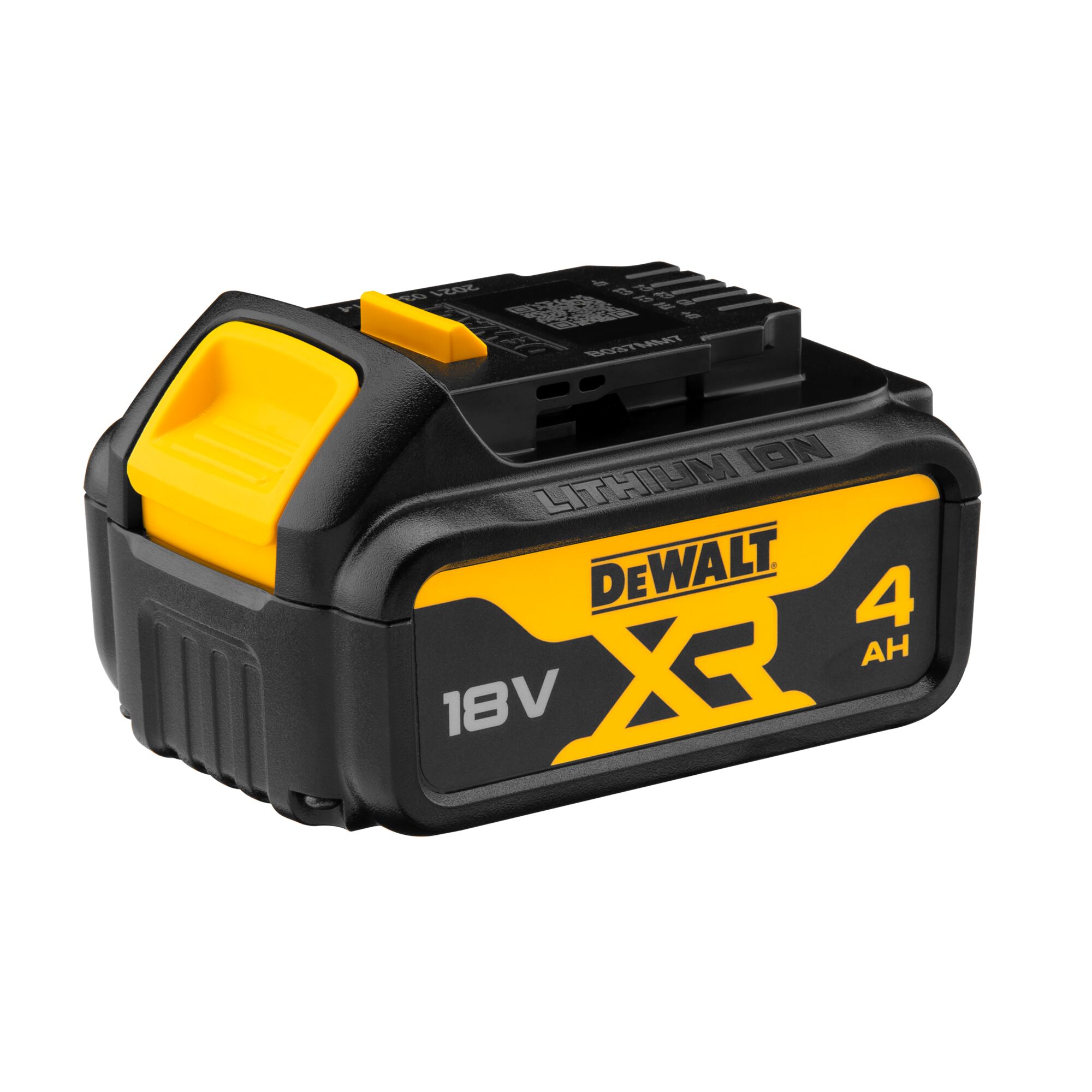 DEWALT XR Lithium-Ion 18V 4Ah rechargeable battery, black and yellow, shown at an angle.