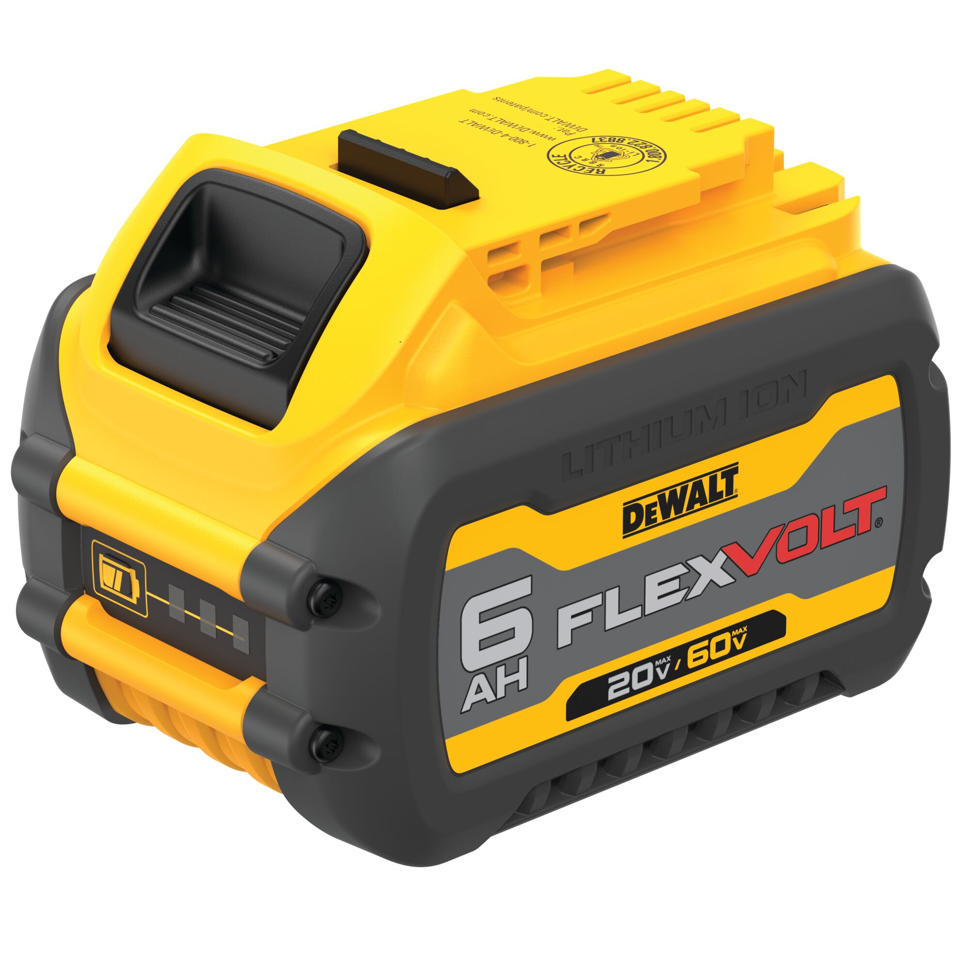 A DEWALT FLEXVOLT lithium-ion battery with 6 ampere-hour capacity, showing the model DCB606 and voltage ratings of 20V and 60V. The battery is yellow and black with branding and specifications clearly displayed.