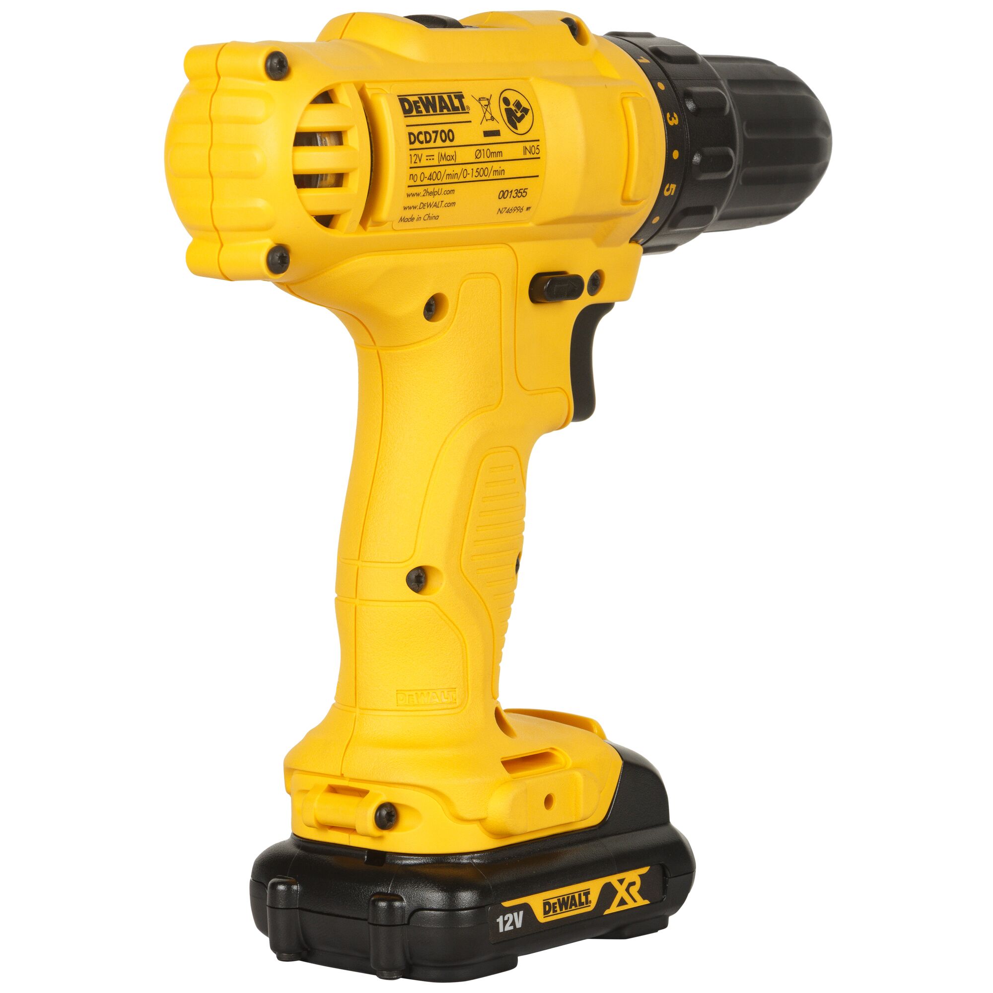 A yellow DEWALT cordless drill, model DCD700, with a 12V XR battery attached. The drill has a black adjustable chuck and a trigger grip. The product is photographed on a plain white background.