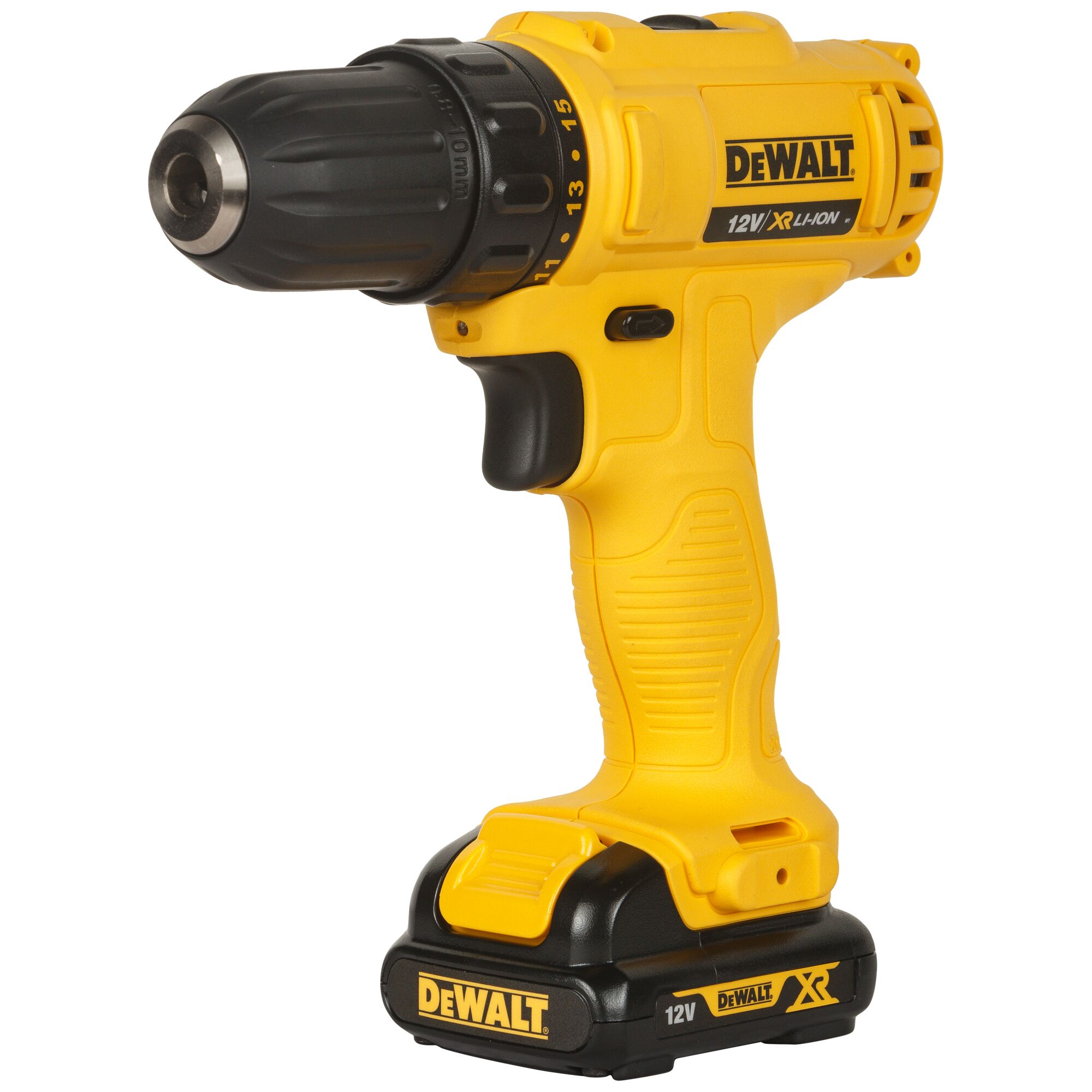 A DEWALT cordless power drill with a yellow and black design, featuring a 12V XR Li-Ion battery, shown against a white background.