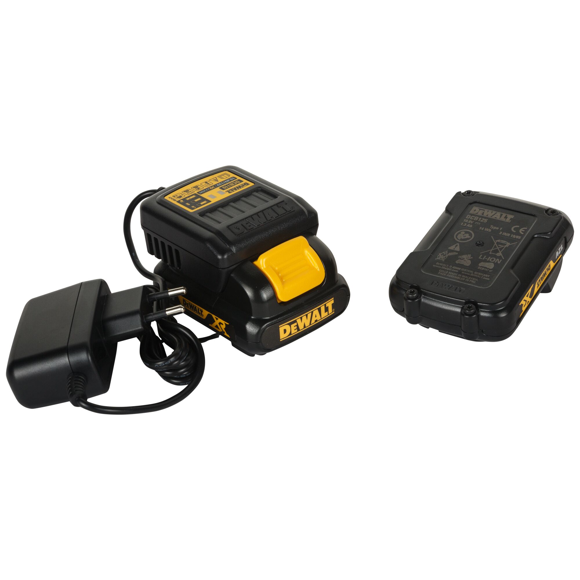 A DeWalt branded battery charger and rechargeable battery pack, shown with a power adapter and cable. The charger and battery are black with yellow accents and labels.
