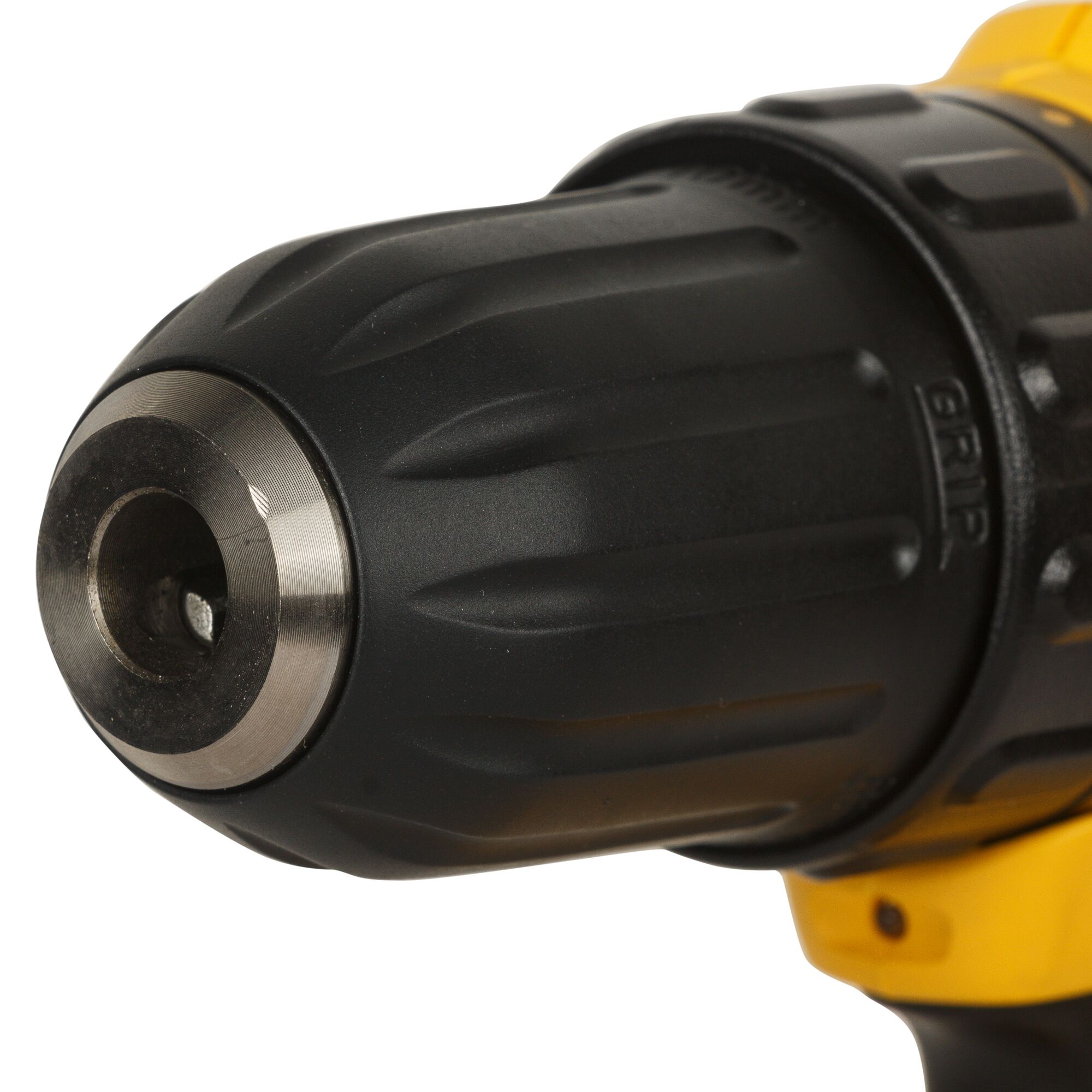 Close-up view of the chuck and front section of a DEWALT cordless drill, showing the black and metallic components on a yellow body.