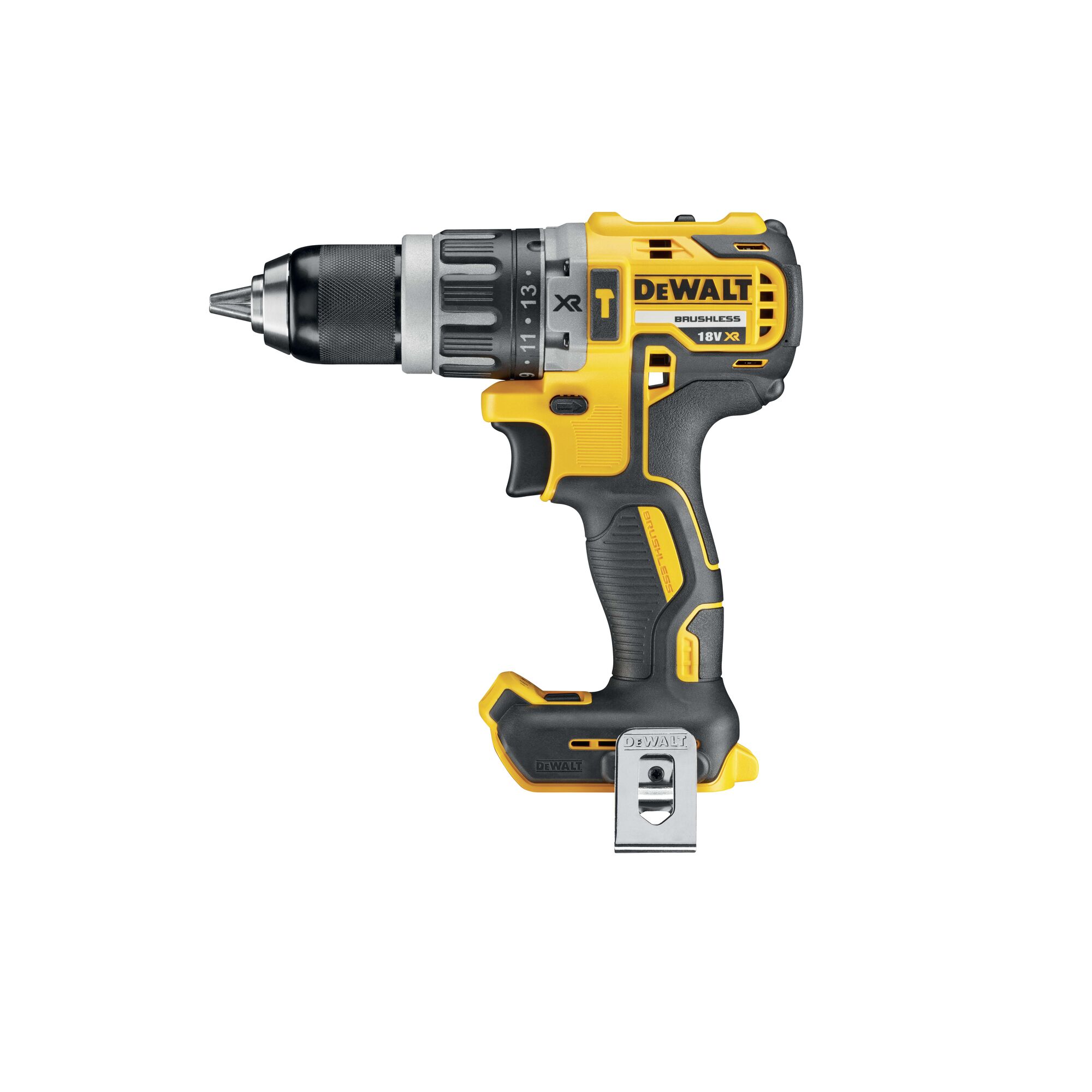 A DeWalt DCD796N cordless drill with a yellow and black design, featuring an ergonomic handle and a metal belt clip, displayed against a white background.