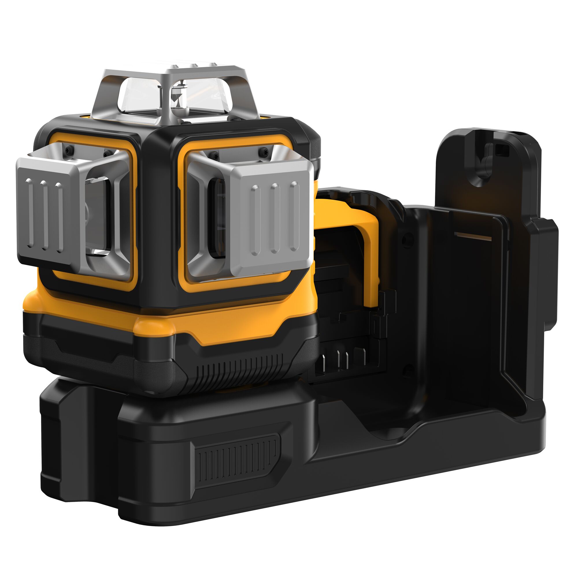A DEWALT-branded laser level device, model DCE089NG18, shown mounted on a black base with protective metallic covers on its laser windows. The tool has a yellow and black color scheme.