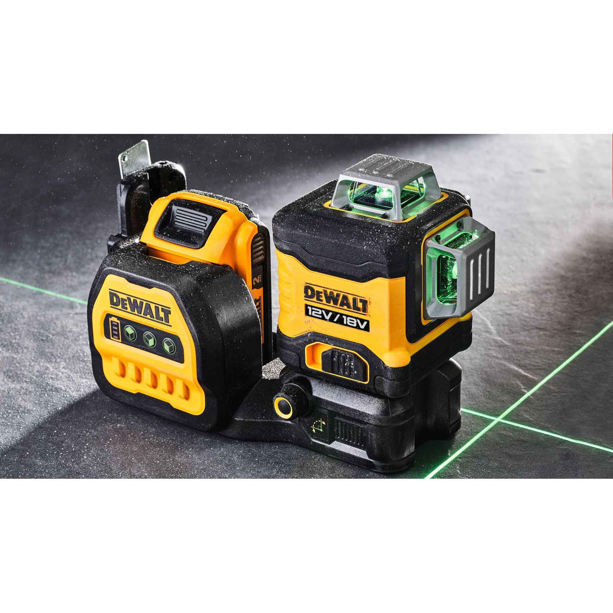DEWALT laser level tool, model DCE089NG18, shown on a work surface with green laser lines projected, featuring durable yellow and black construction and control buttons.