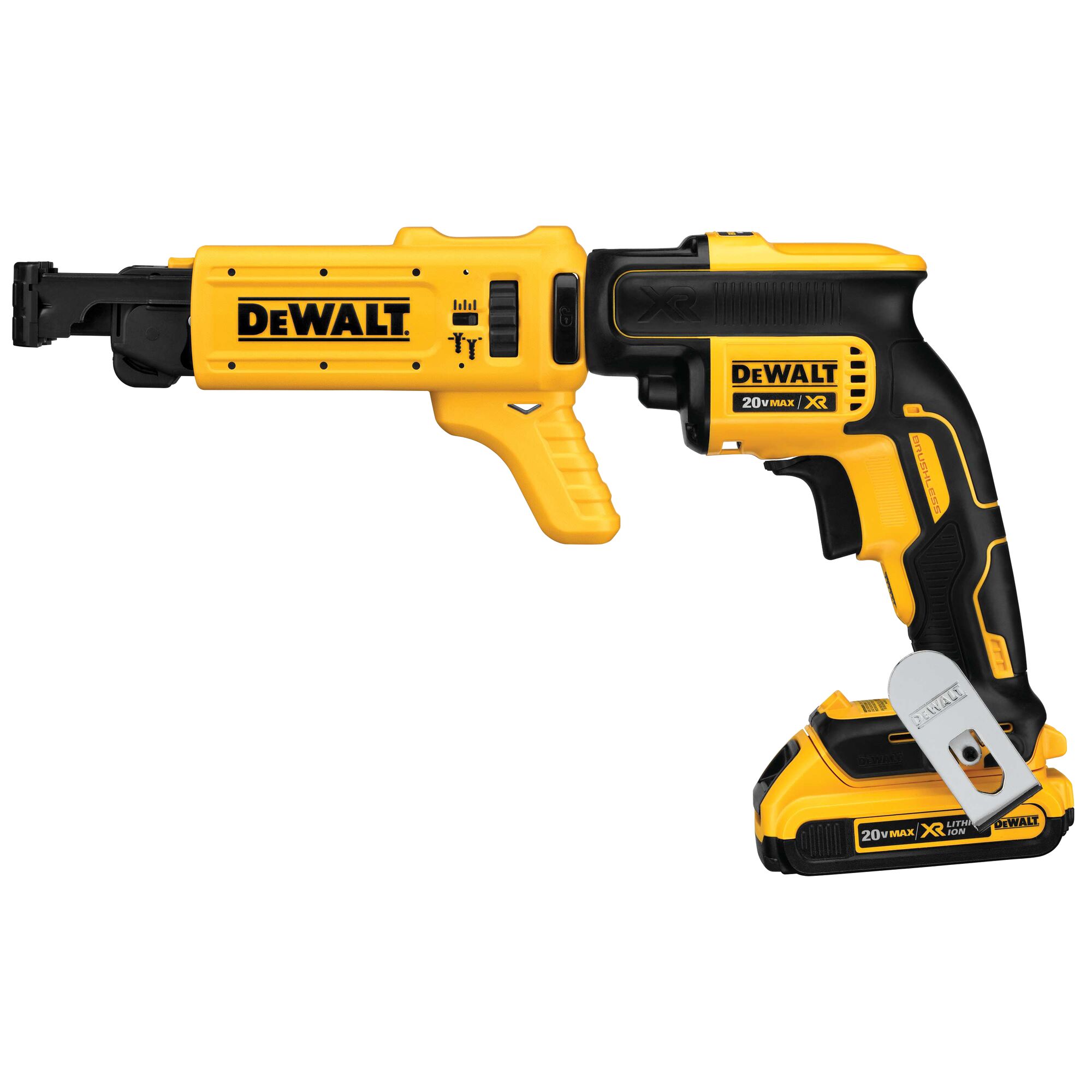 DEWALT DCF6201 20V Max XR Lithium-Ion cordless screw gun with magazine attachment, shown in yellow and black colors.