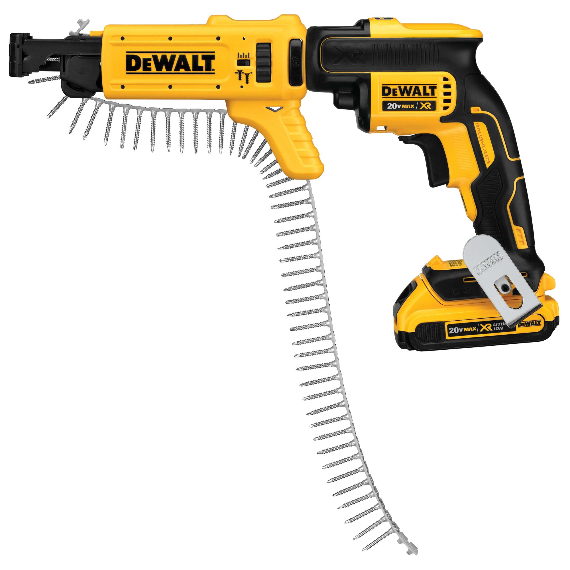 A DEWALT 20V MAX XR cordless collated drywall screw gun with a yellow and black body, equipped with a magazine attachment for automatic screw feeding. The tool has a strip of screws loaded for fast and efficient fastening.