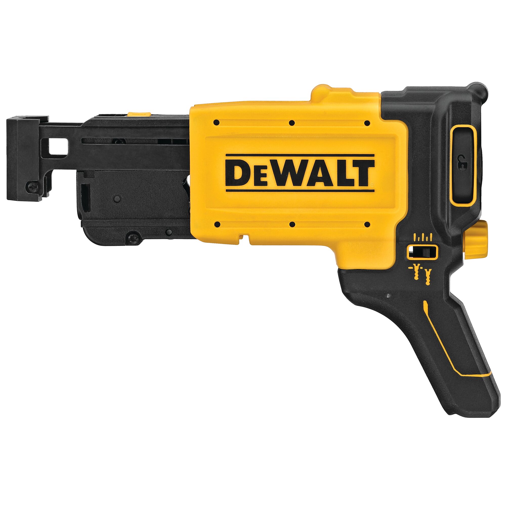 Side view of a DEWALT DCF6202 drywall screw gun attachment designed for use with power tools, featuring a yellow and black handle and casing.