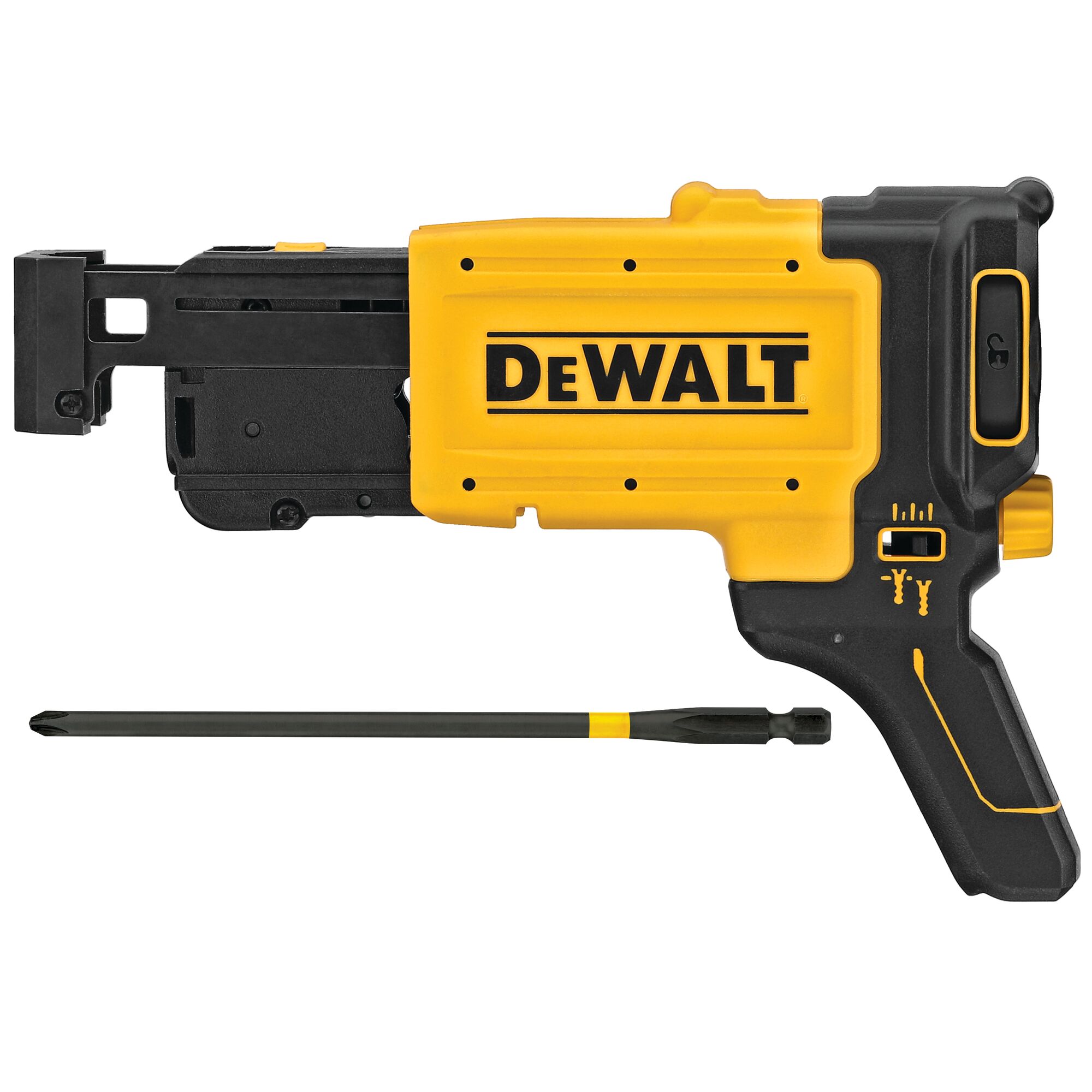 DEWALT branded yellow and black drywall screw gun attachment model DCF6202, shown with a compatible screwdriver bit below.