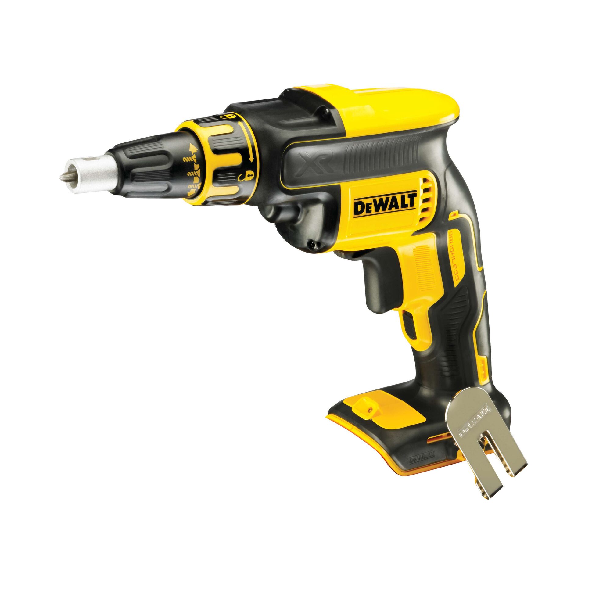 A DEWALT DCF620N cordless drywall screw gun, predominantly yellow and black, shown without a battery, designed for efficient fastening of drywall panels.