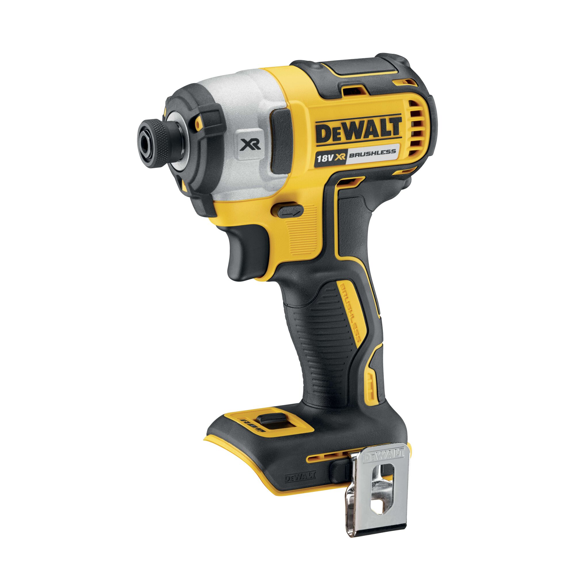 A DEWALT 18V XR Brushless cordless impact driver, model DCF887N, with a yellow and black ergonomic design and a metal belt clip, shown on a white background.