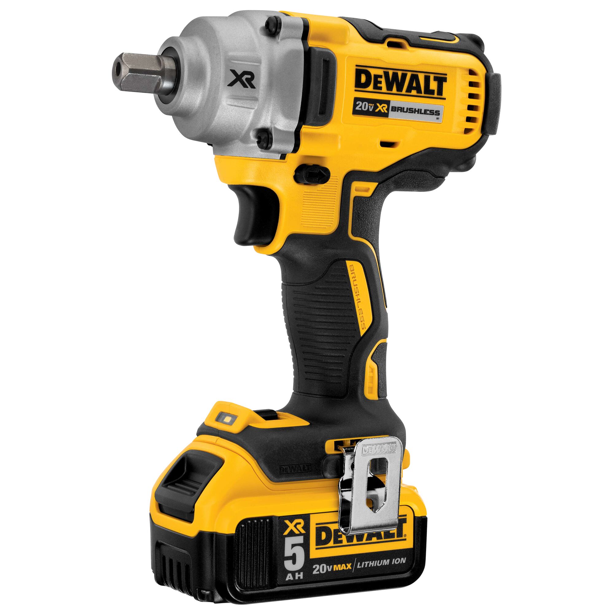 Photo of DEWALT DCF894P2 20V XR cordless impact wrench, yellow and black, side angle on white background.