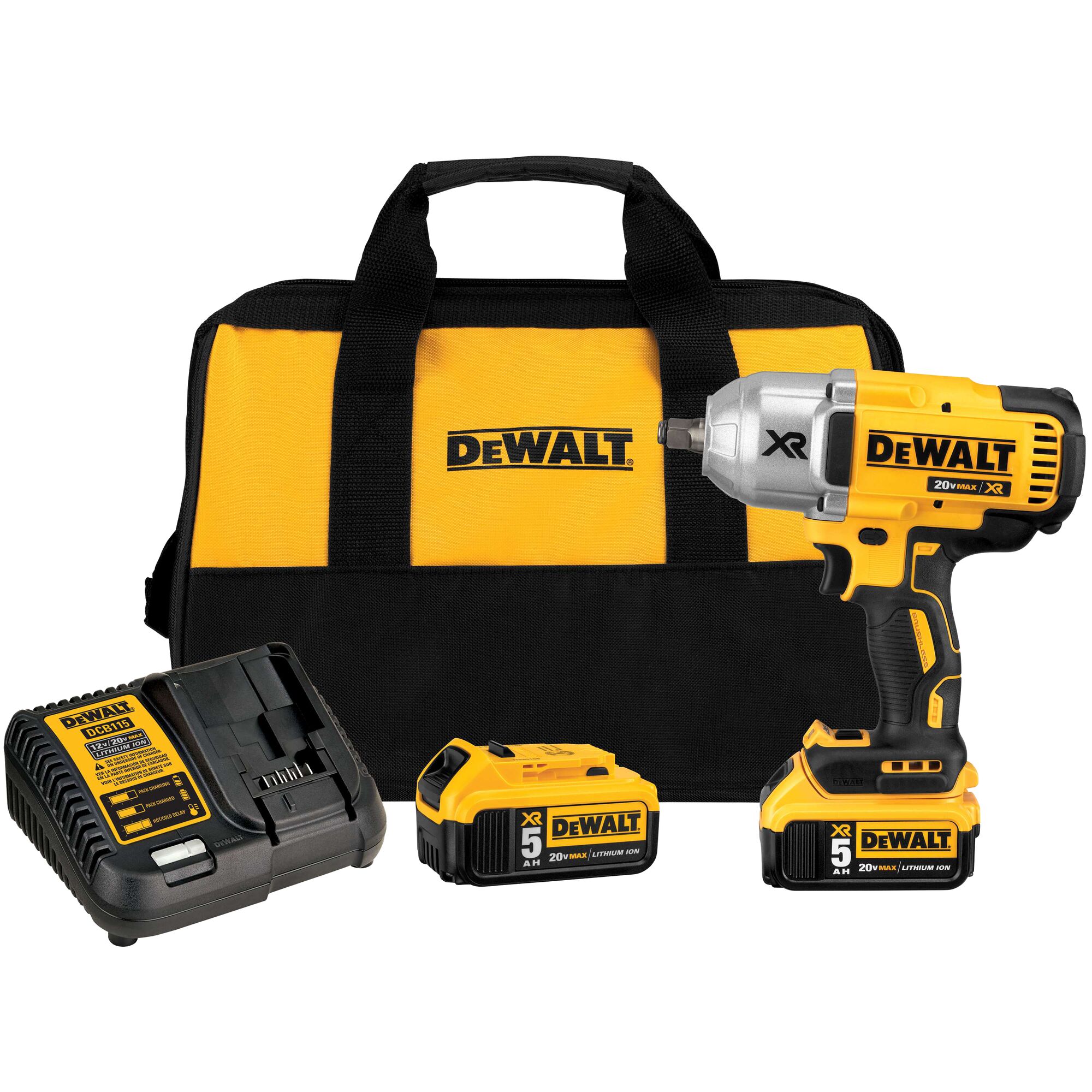 DEWALT cordless impact wrench kit, including a yellow and black tool bag, a 20V lithium-ion impact wrench, two rechargeable batteries, and a battery charger.