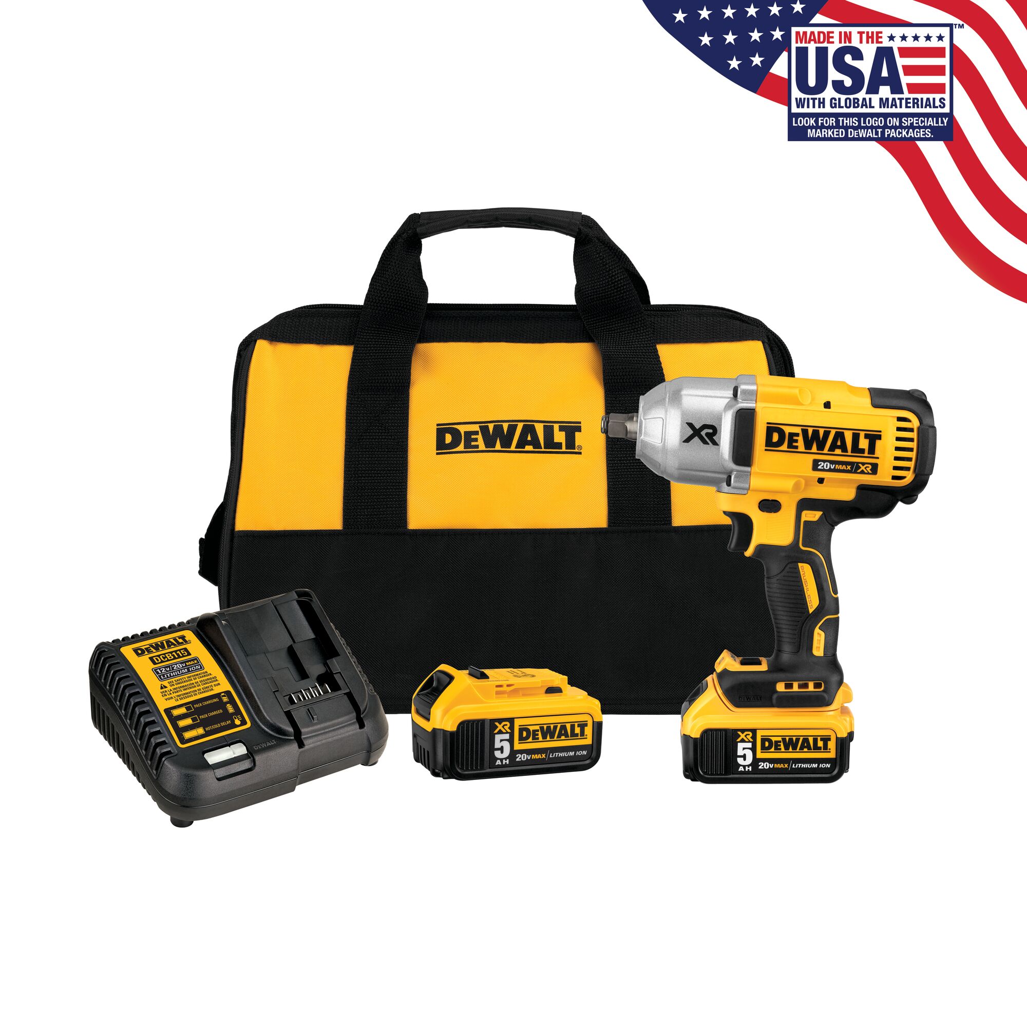 DEWALT cordless impact wrench kit including a yellow and black impact wrench, two rechargeable batteries, a battery charger, and a carrying bag. The kit also displays a 'Made in the USA with global materials' label in the top right corner.