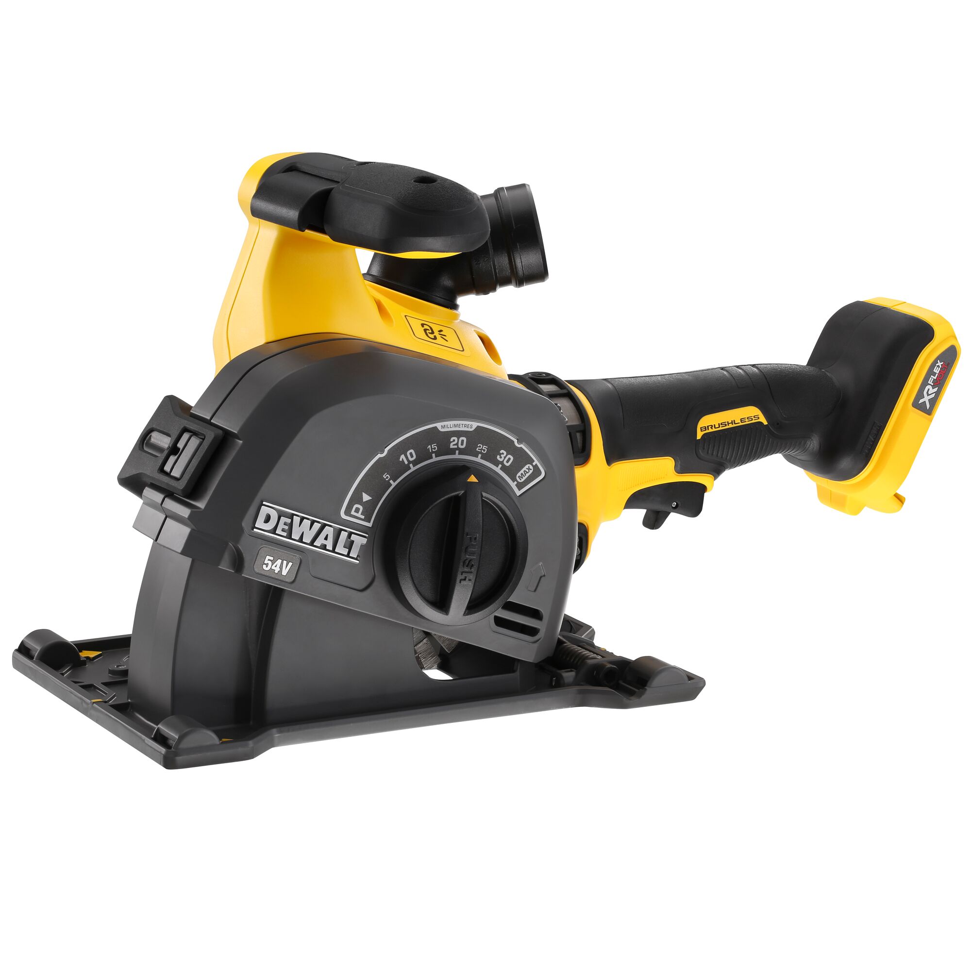 DEWALT DCG200NT-XJ, DCG200NT, DCG200N cordless brushless grinder, yellow and black, side view on white.