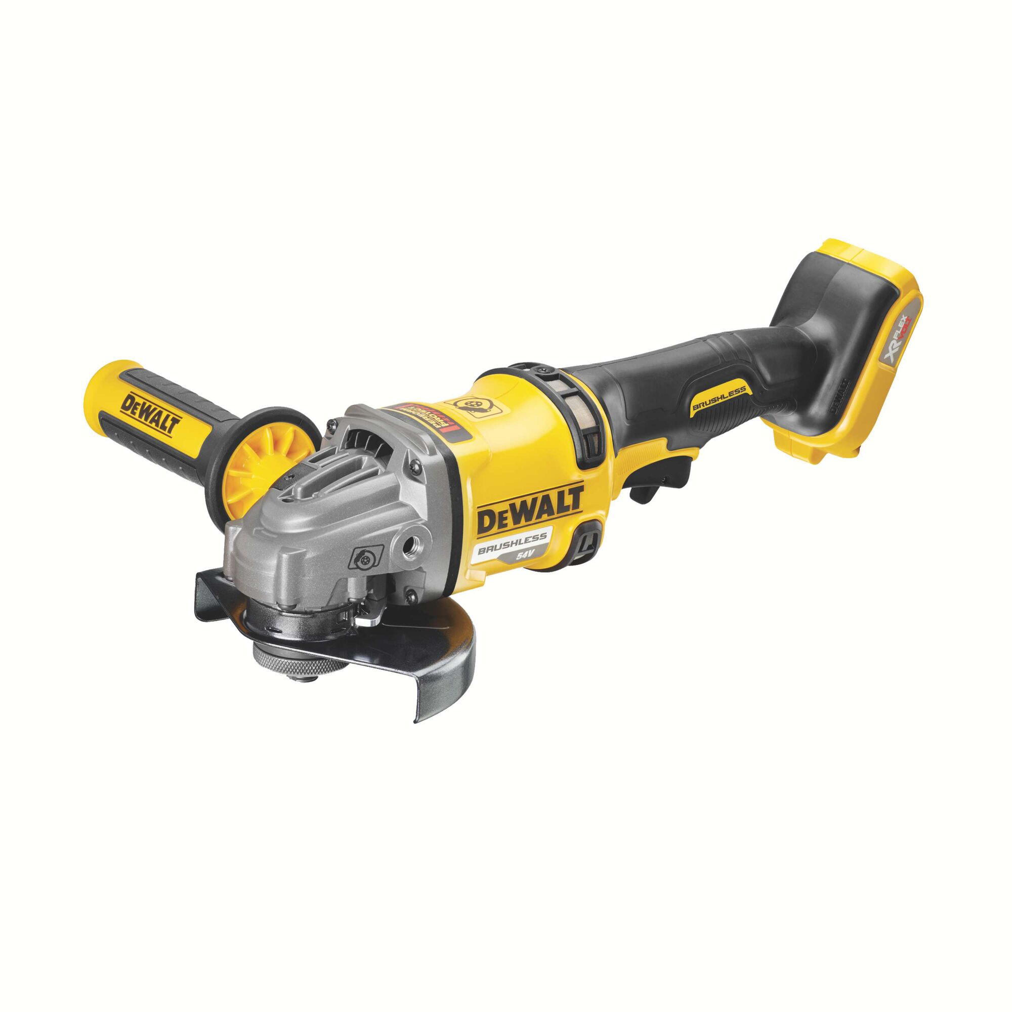 A DEWALT cordless angle grinder with a yellow and black design, featuring a brushless motor and side handle.
