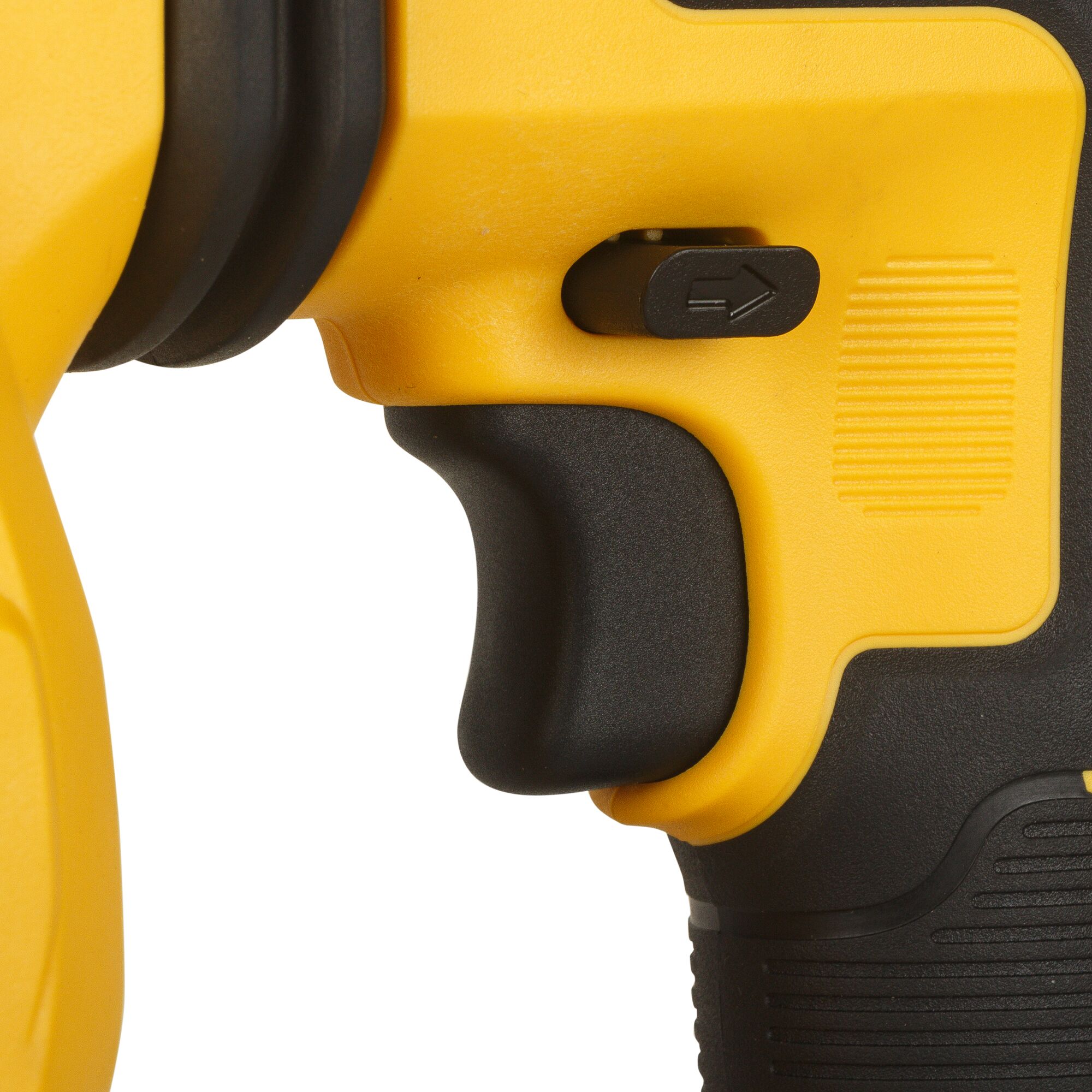 Close-up view of a DEWALT power tool handle and trigger area, showing a yellow and black ergonomic design with a direction switch.