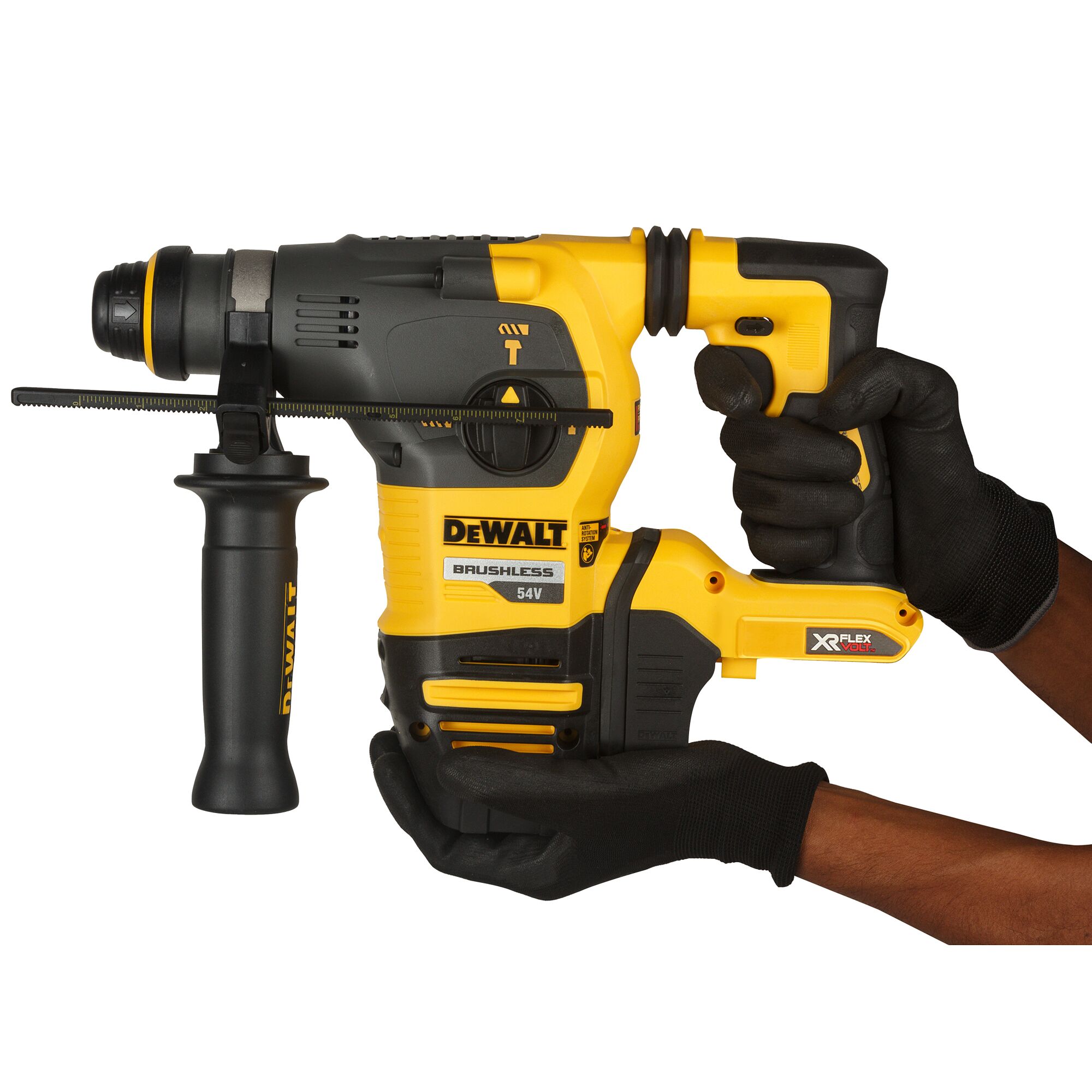 A person wearing black gloves holds a DEWALT brushless 54V cordless rotary hammer drill with a side handle. The tool is yellow and black, and features XR FLEXVOLT branding.