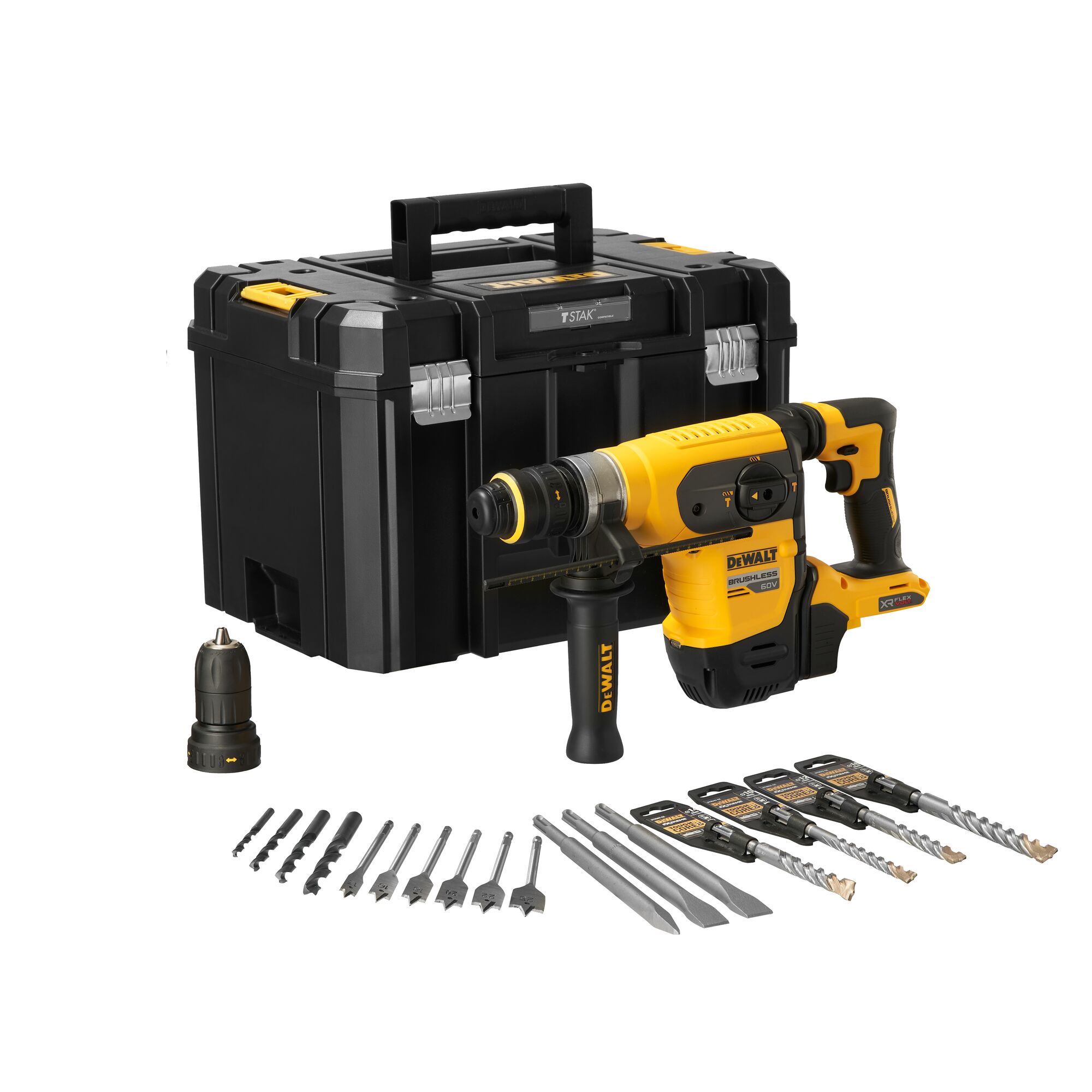 A set of DEWALT power tools including a yellow and black cordless rotary hammer, various drill and chisel bits, a black carrying box, and an additional chuck. The tools and accessories are neatly arranged in front of the carrying case.