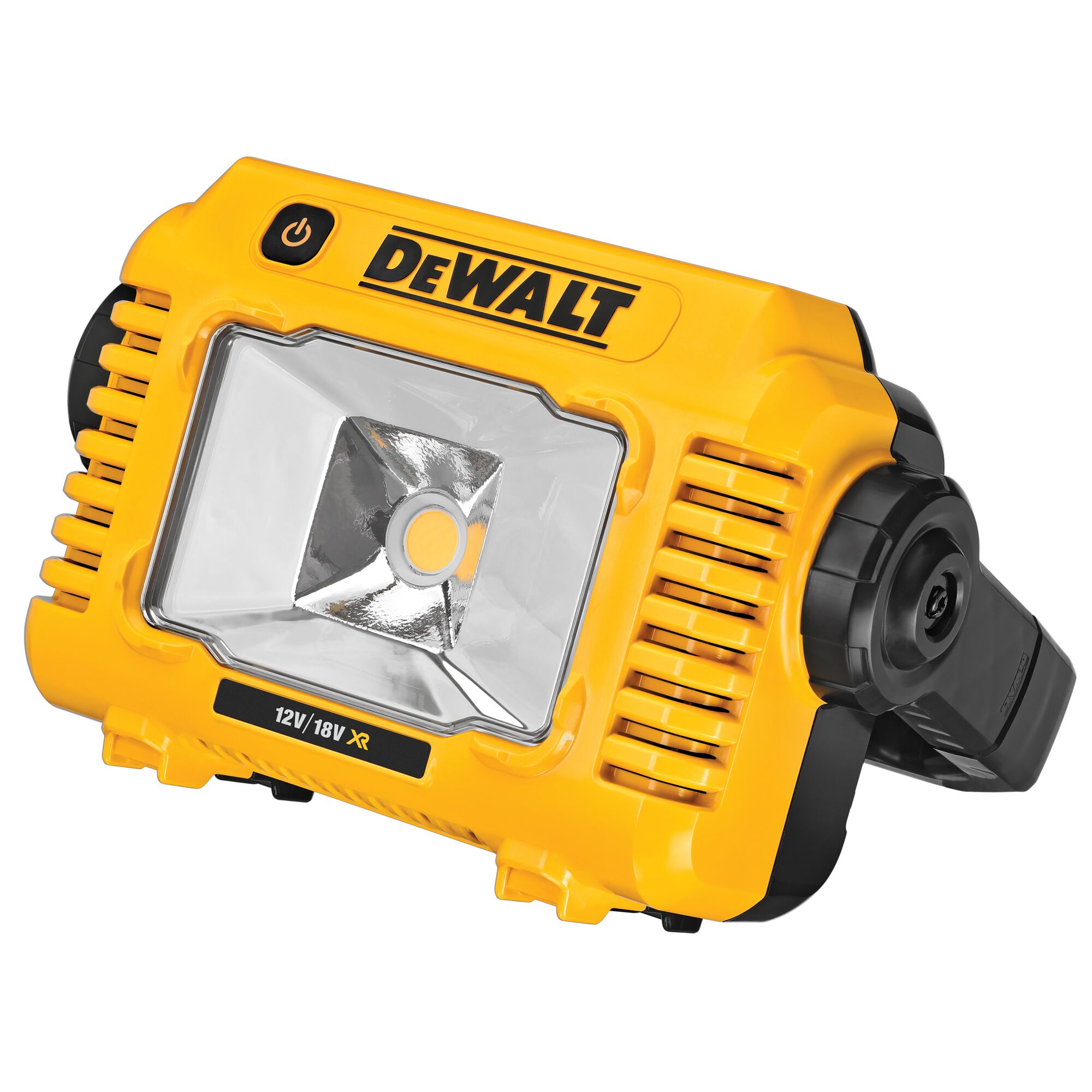 DEWALT work light front angle, yellow with black accents, SKUs DCL077, DCL077-XJ, on white background.