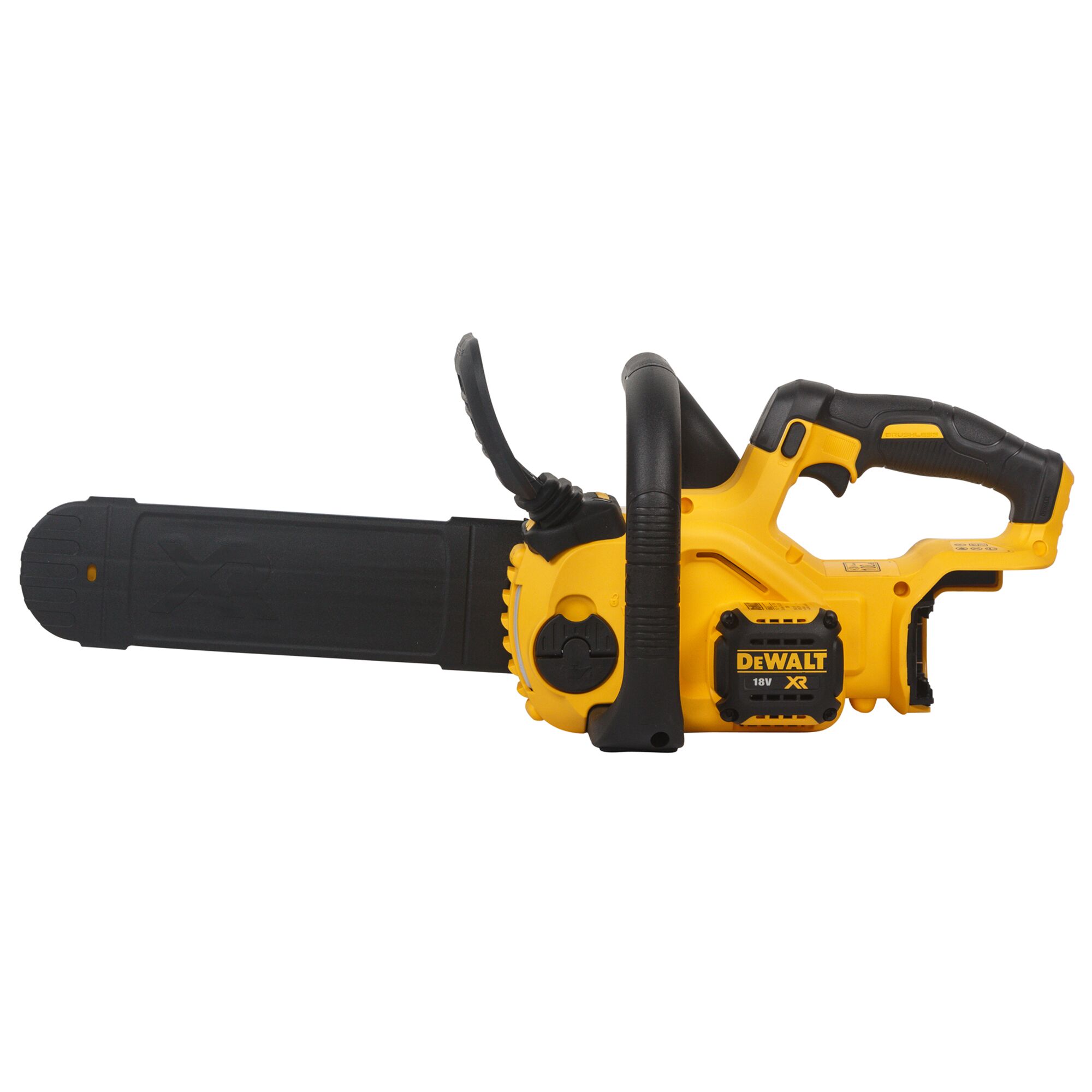A DEWALT 18V XR cordless chainsaw with a yellow and black design, side view, with protective bar cover attached.