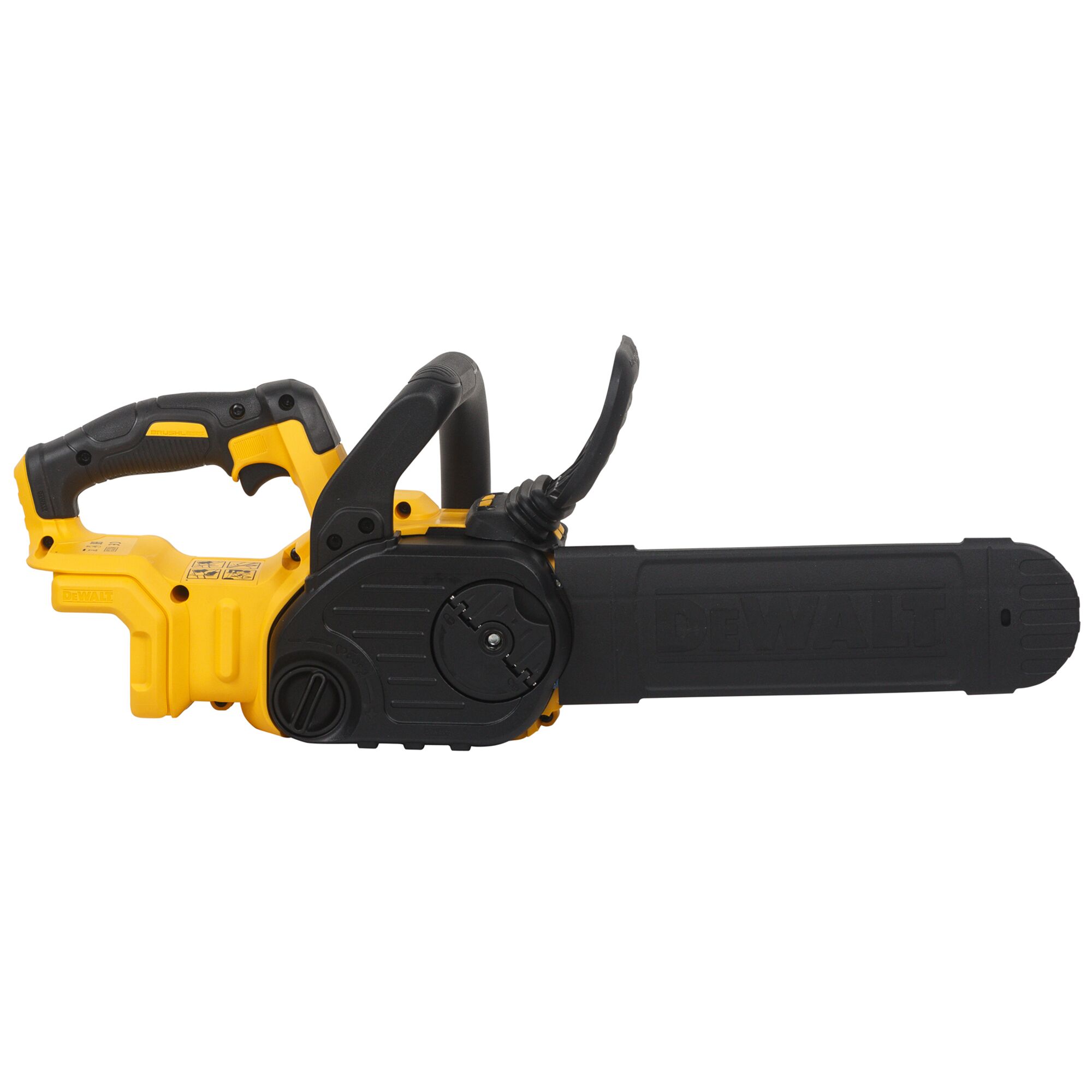A DEWALT DCM565N cordless chainsaw with a yellow and black design, featuring a protective black blade cover.