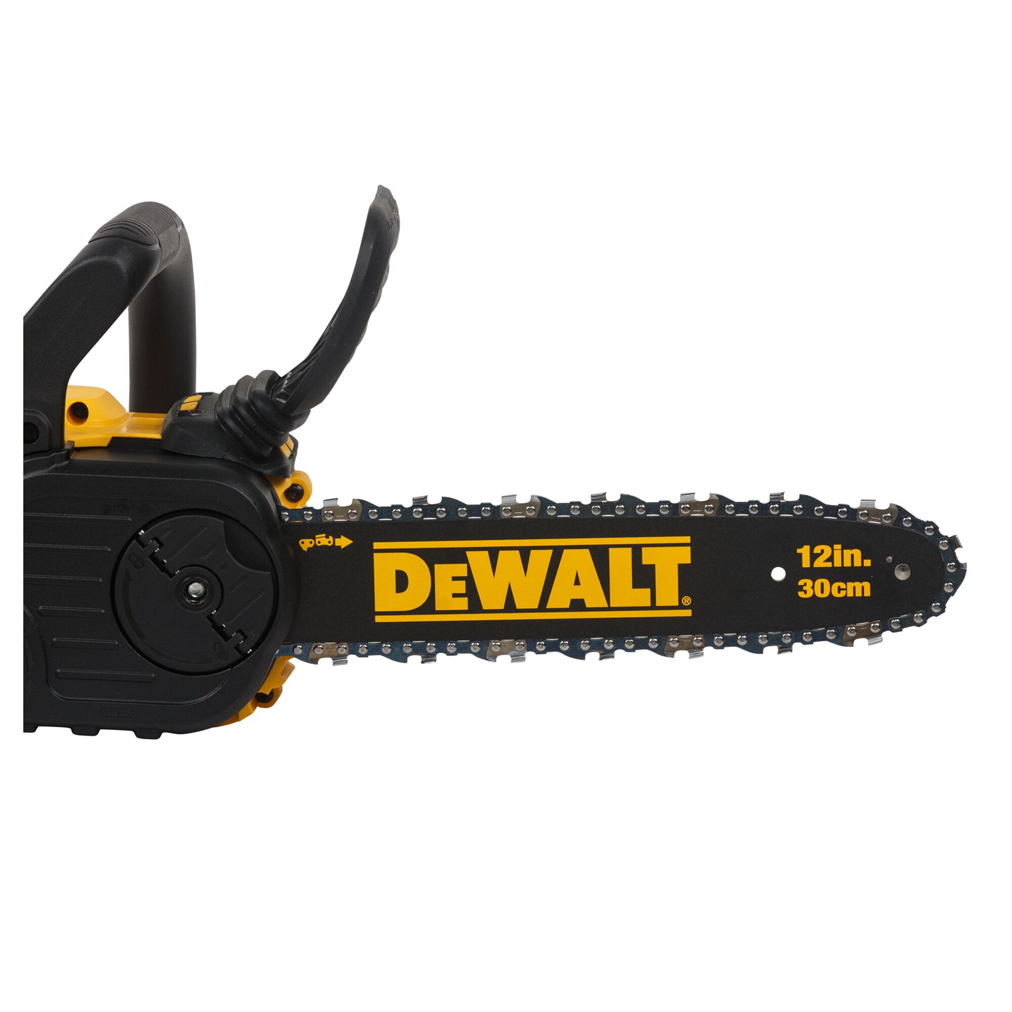 Close-up view of a DEWALT chainsaw showing the blade with DEWALT logo, 12-inch (30 cm) length marking, and part of the handle.