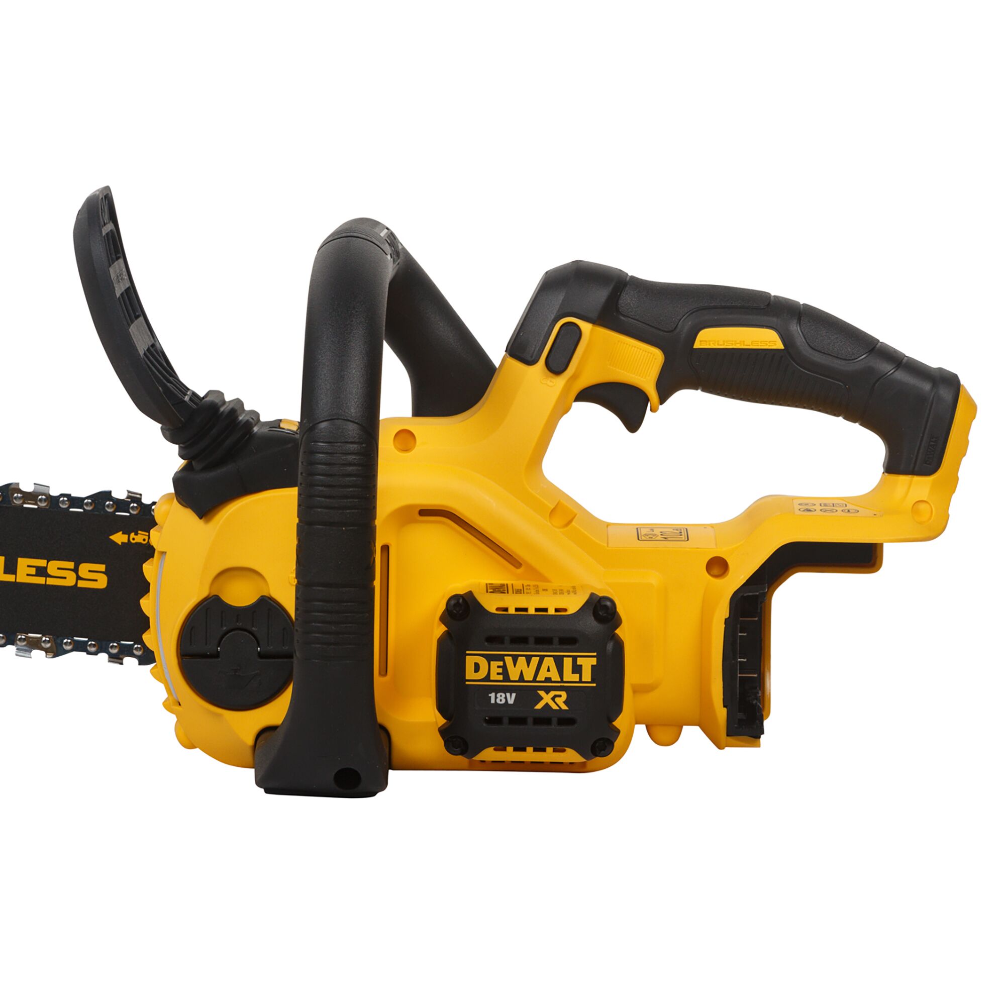 Side view of a DEWALT DCM565N 18V XR cordless chainsaw, featuring a yellow and black body, ergonomic handles, and visible chain.